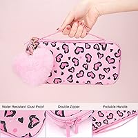 Vista 2 de DLseego Pink Love Leopard Carrying Case for Switch OLED, Cute Silicone Protective Soft Cover with 4PCS Thumb Grip Caps and Pink Plush Heart Pendant