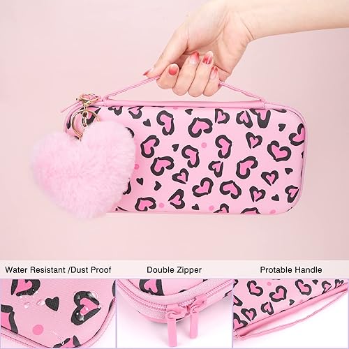 Miniatura 2 de DLseego Pink Love Leopard Carrying Case for Switch OLED, Cute Silicone Protective Soft Cover with 4PCS Thumb Grip Caps and Pink Plush Heart Pendant
