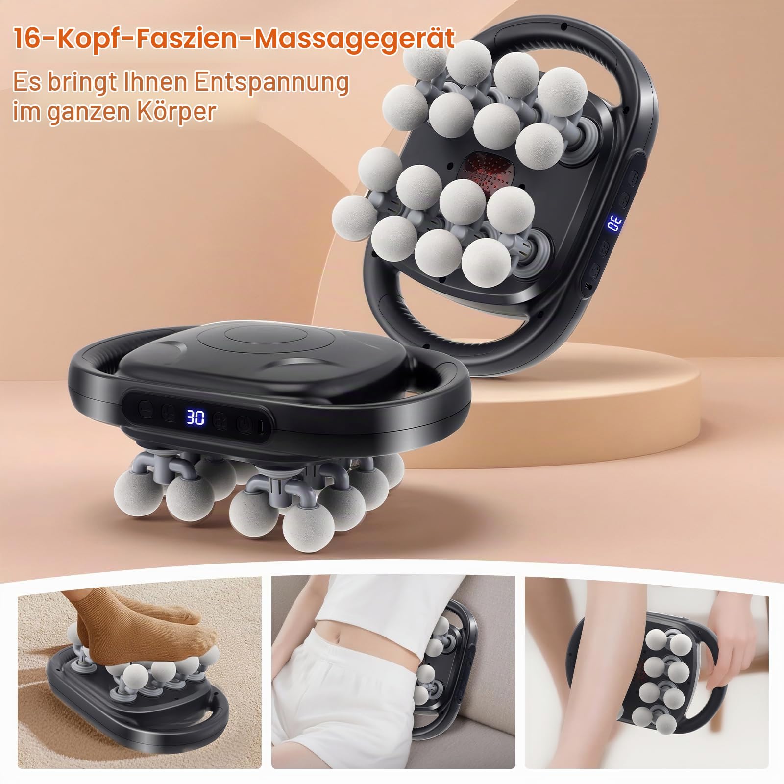 16 Köpfe Massagepistole für Muskelmassage mit 30 Stufen und 9 Modi, Nackenmassagegerät Leise mit Rotlicht, Elektrisches Massagegerät für Beine Arme Taille Rücken Gesäß Ganzkörper Muskelentspannung