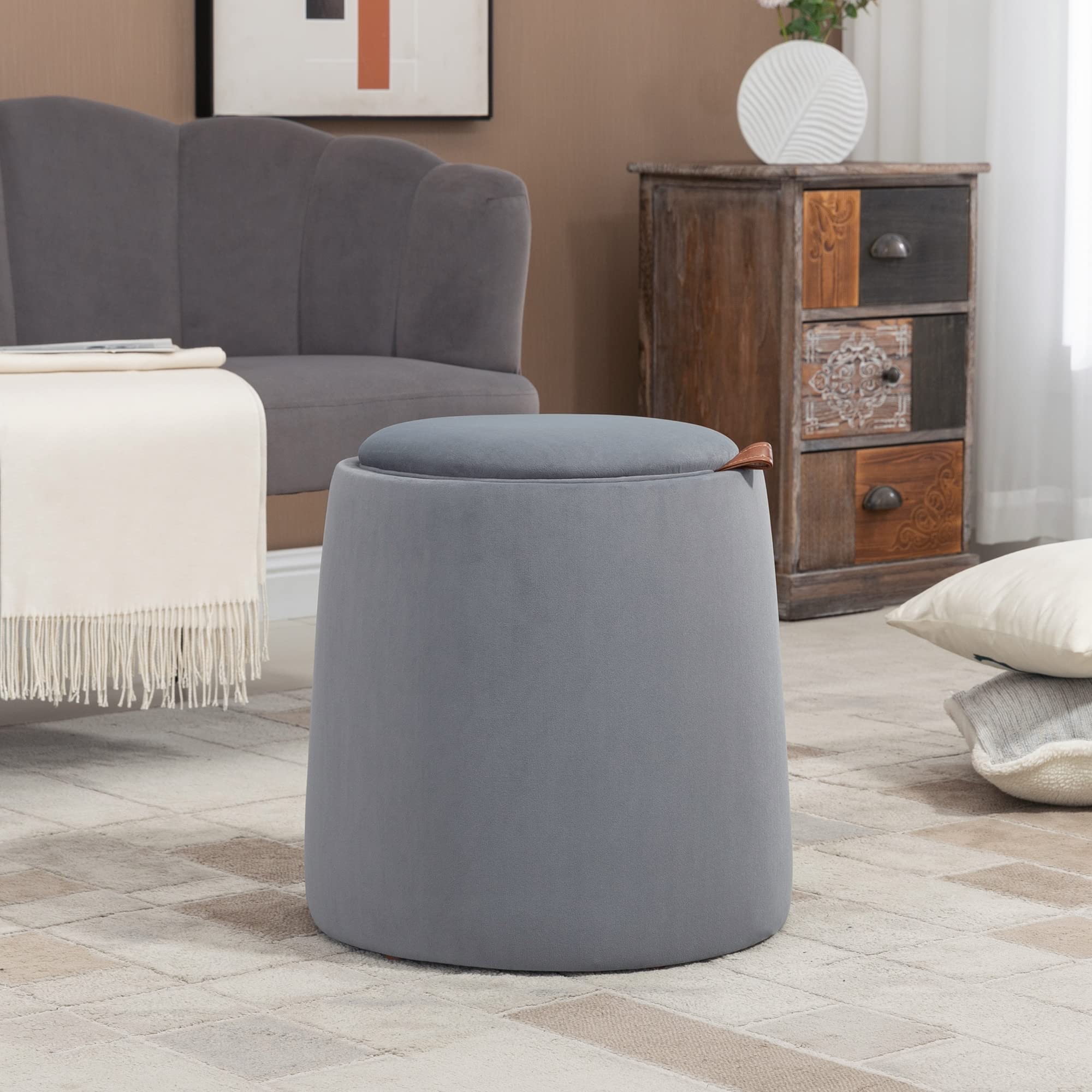 Ronde opbergpoef, boucle stoffen voetkruk met afneembaar houten deksel, salontafel bijzettafel voor woonkamer, wit Ronde opbergpoef, boucle stoffen voetkruk met afneembaar houten deksel, salontafel bijzettafel voor woonkamer, wit