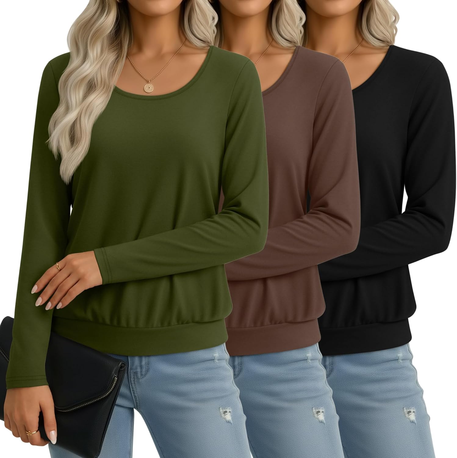3 Pack Women's Long Sleeve Shirts Scoop Neck Tops Fit Banded Hem Loose Basic Tee Soft Undershirt Fall Layering