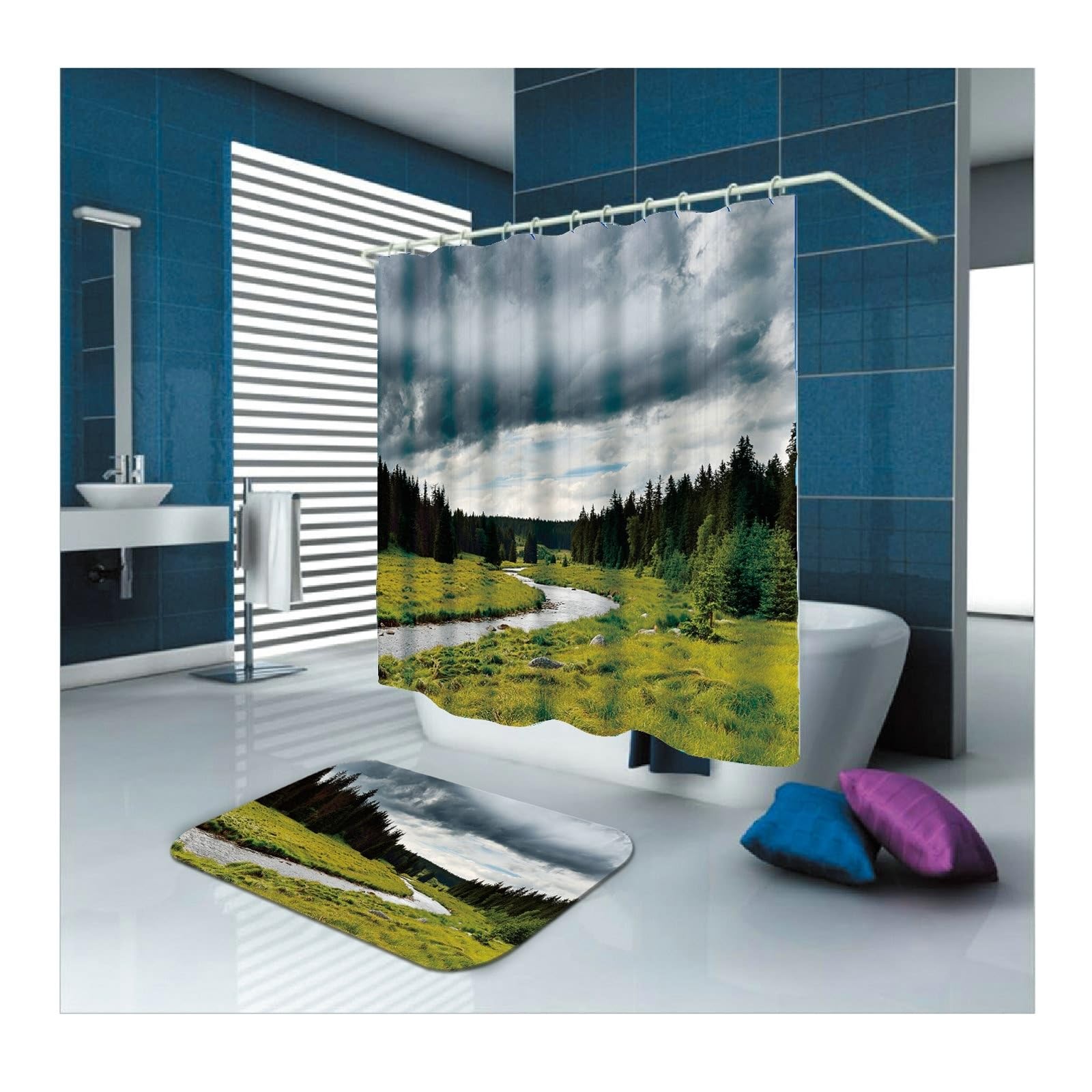 Cortina de ducha de 180 x 200 cm, textil verde, diseño de árbol, tela de poliéster, resistente al moho, lavable, 1,8 x 2 m de largo (ancho x alto), incluye anillas para cortina de ducha