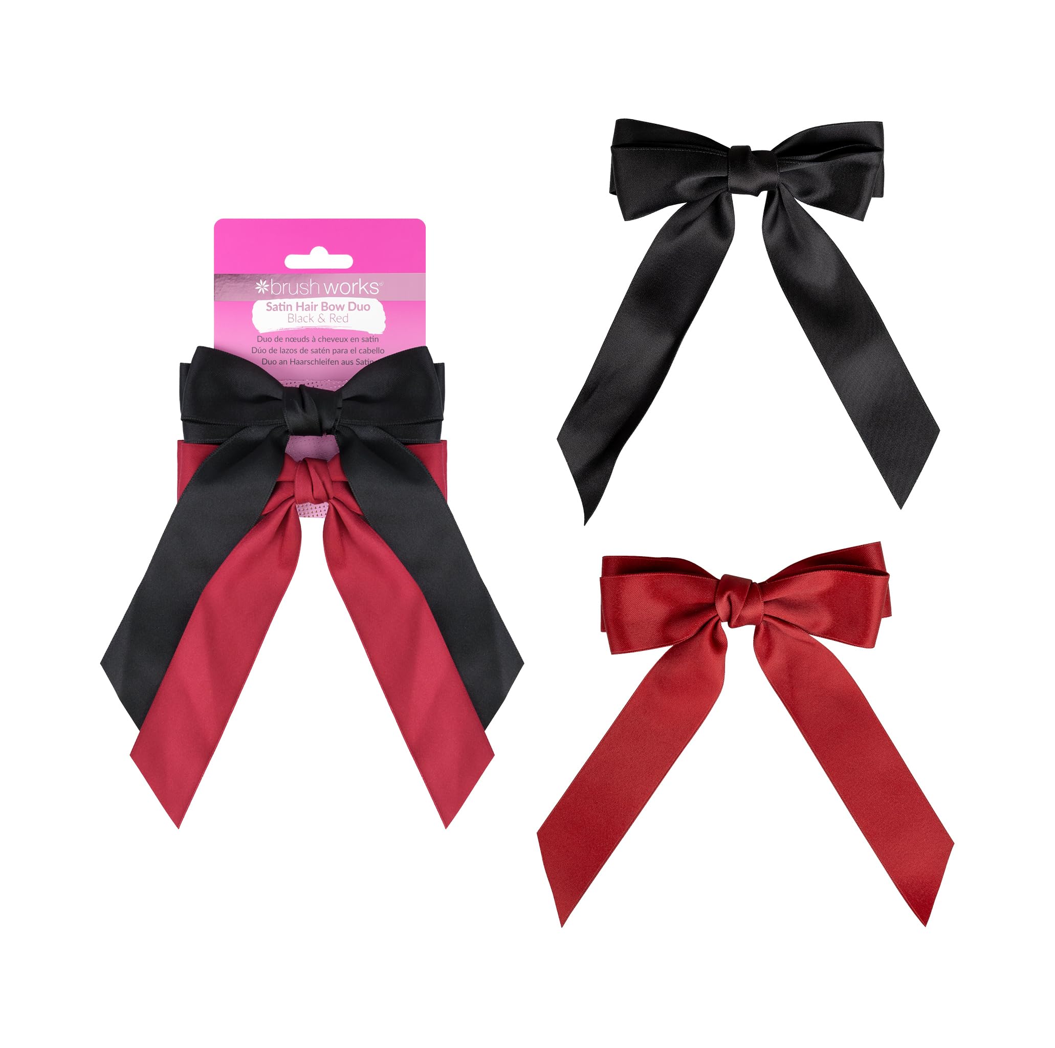 Brushworks Satin Hair Bow Duo – Red & Black Hair Accessories for Women, Elegant Satin Bows with Secure French Barrette Clip