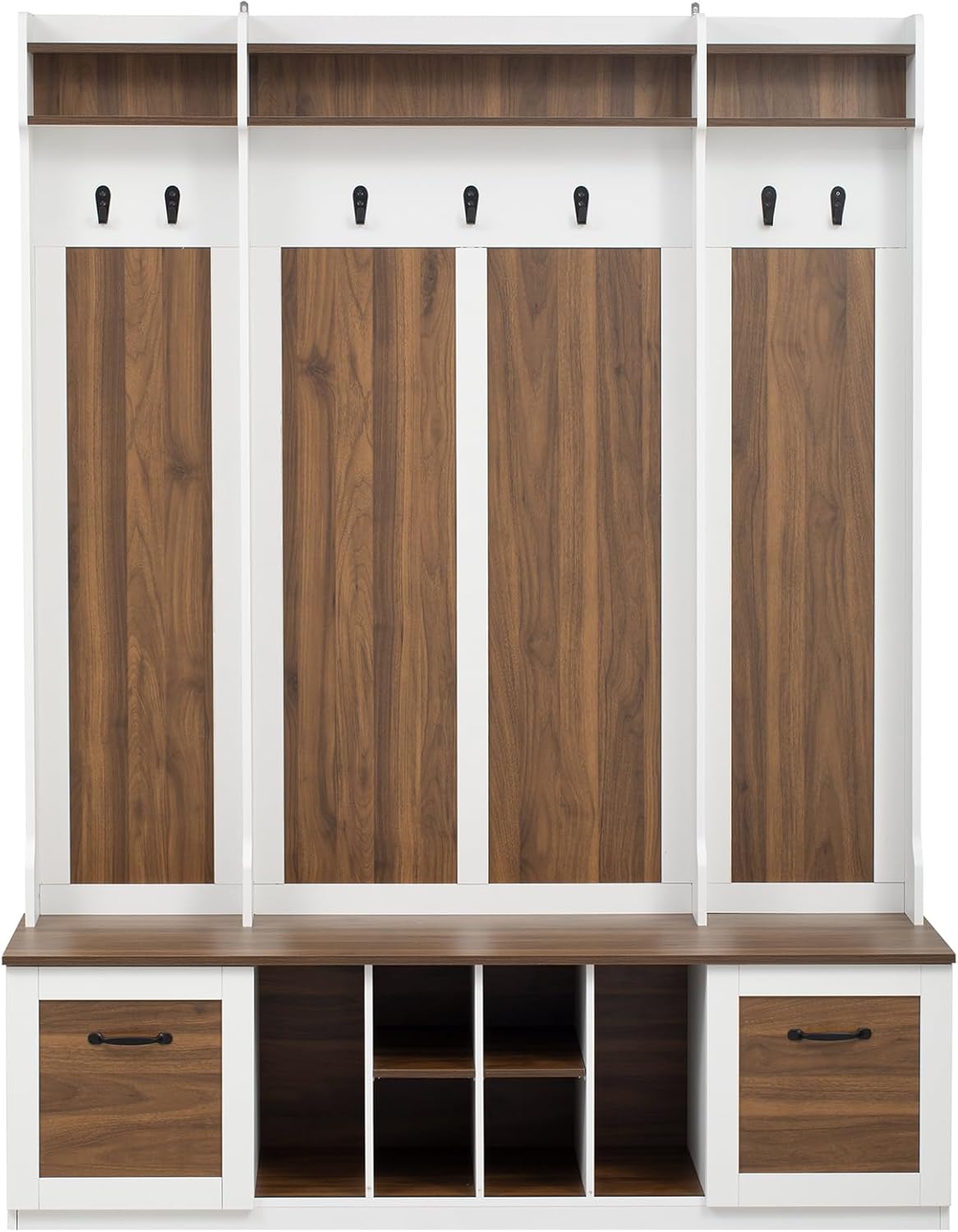 5-in-1 Entryway Bench with Coat Rack, 7 Sturdy Hooks, 2 Spacious Drawers and Adjustable Shelves, 58.8'' Wide Hall Tree with Metal Handles for Hallway, Entryway, Living Room (Brown+White)