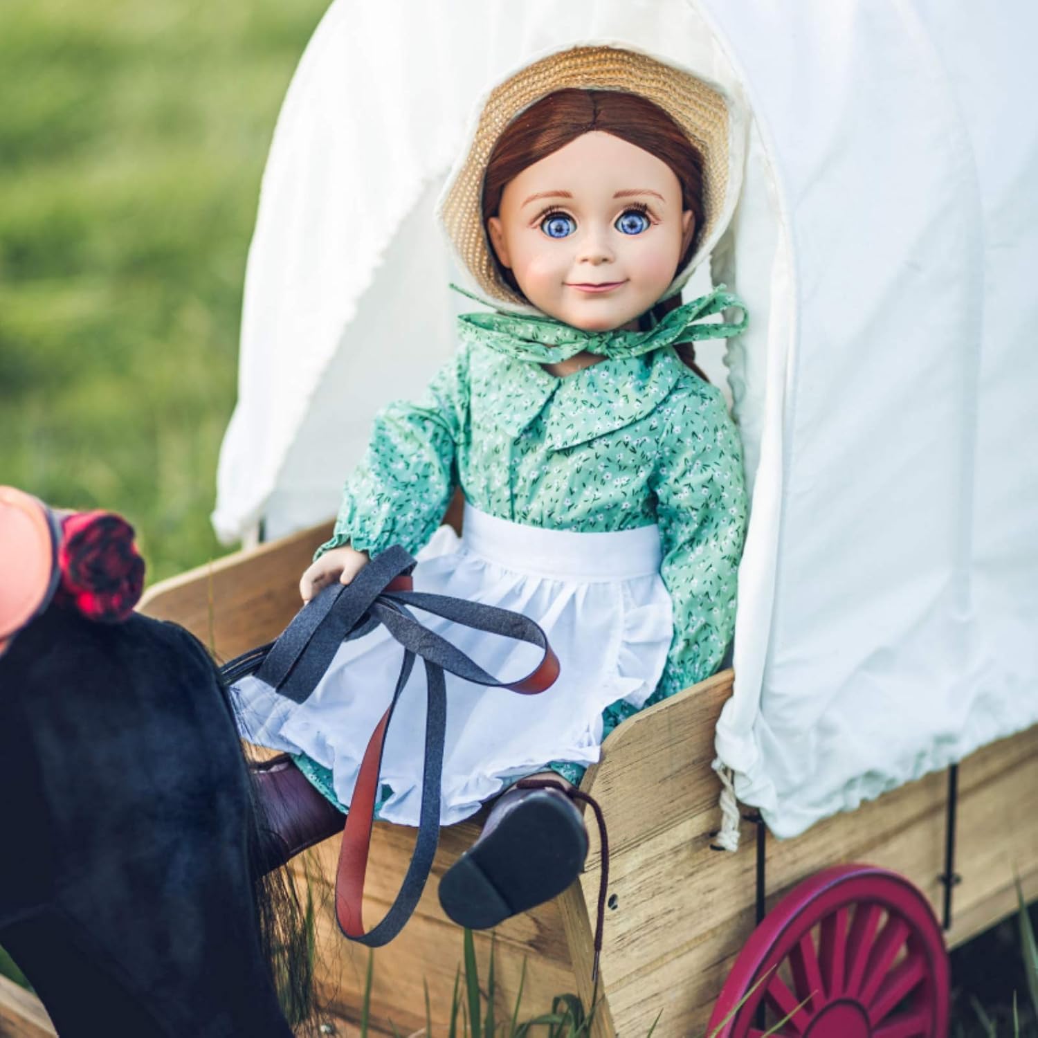 The Queen's Treasures 18 Inch Doll Clothes, Licensed Little House On The Prairie Green Calico Dress with Apron and Straw Bonnet, Compatible for Use with American Girl Dolls