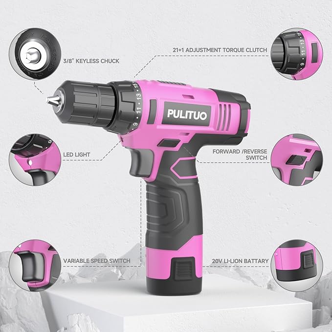 Taladro Inalámbrico PULITUO 12V Rosa con Batería y Cargador miniatura 4