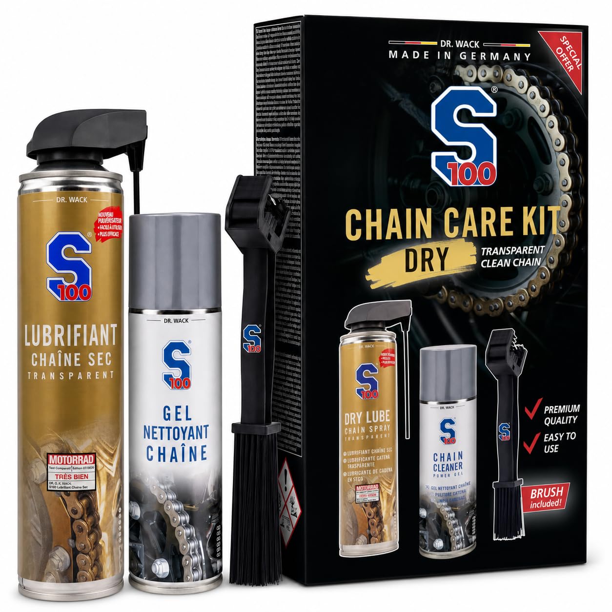 Dr. Wack - Kit Entretien Sec pour Chaîne de Moto S100 - Lubrifiant Dry Lube + Nettoyant Chain Cleaner + Brosse Spécialisée - Protection Premium Contre Usure & Corrosion - Fabrication Allemande