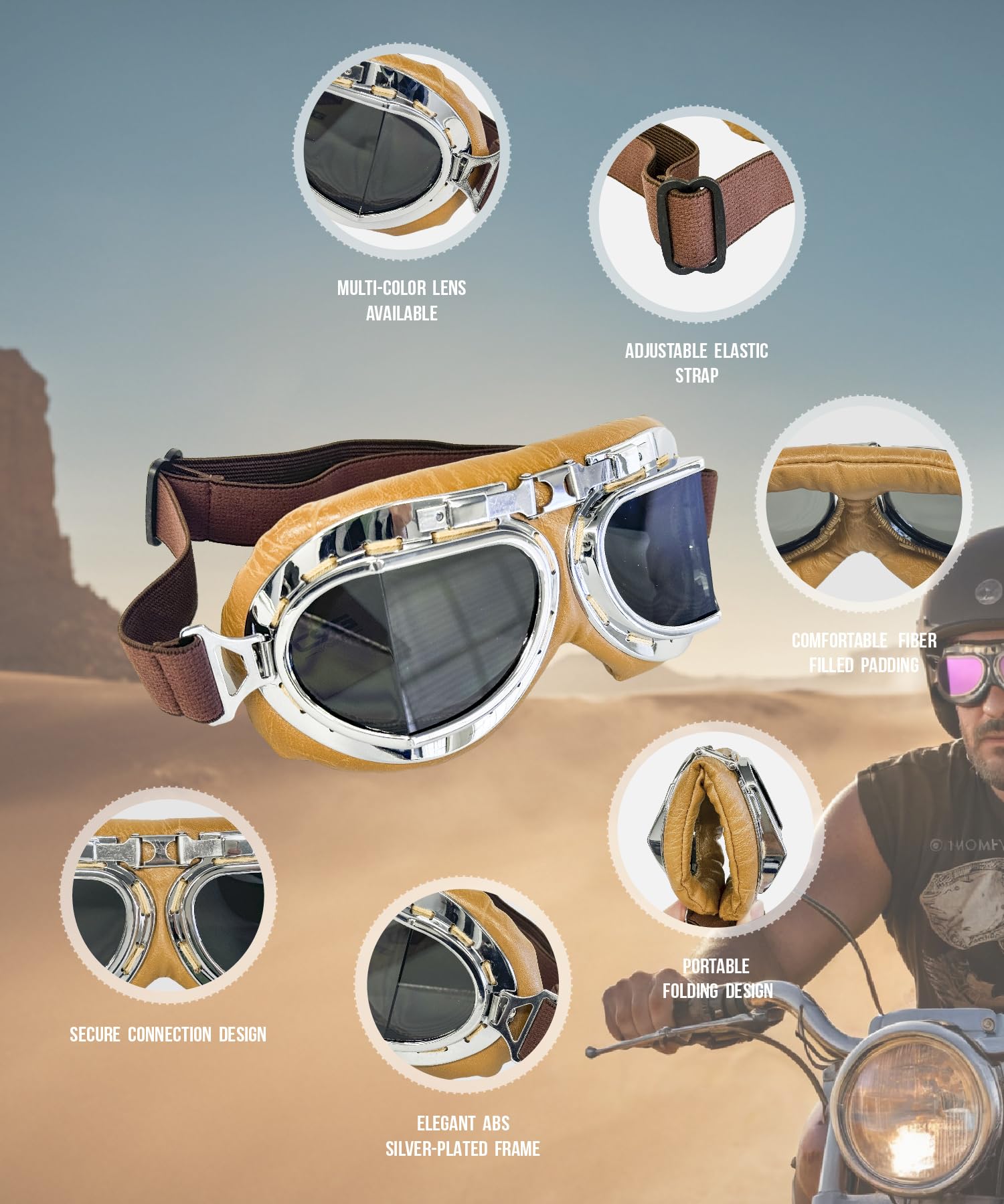 CRG Sports Vintage Aviator Pilot Style Moto Cruiser Scooter Goggle T08 T08STN Lente Fumo, telaio argento, imbottitura marrone