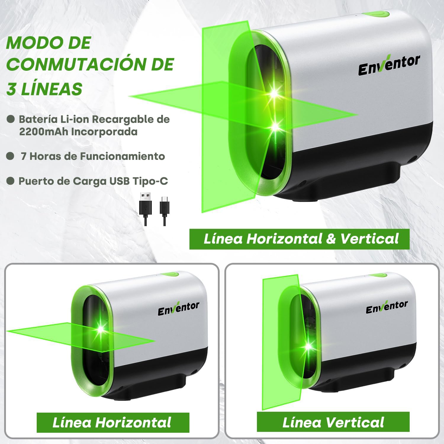 Enventor Nivel Láser Autonivelante de 50M, Nivel Láser Verde con 3 Modos(Autonivelación, Manual y de Pulso), Base Magnético de 360°, Carga USB, IP54, Alta Visibilidad y Precisión, para Exterior