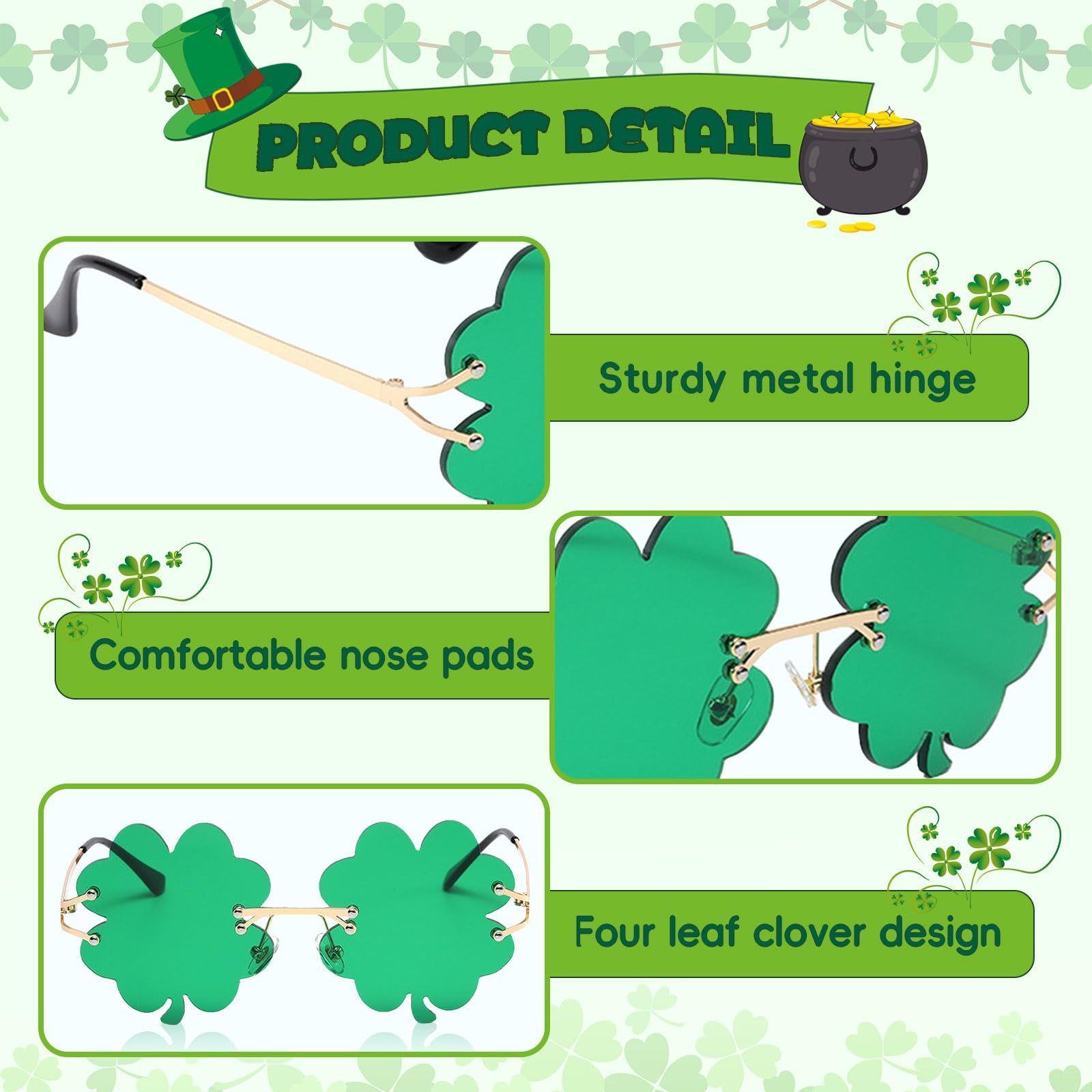 CHIHOLEN St Patrick’s Day Glasses,St Patrick’s Day Irish Sunglasses,Irish Four Leaf Clover Green Glasses,St Patrick’s Day Accessories,Leprechaun Costume Eyeglasses Metal Frame for Men Women Kids - Image 3