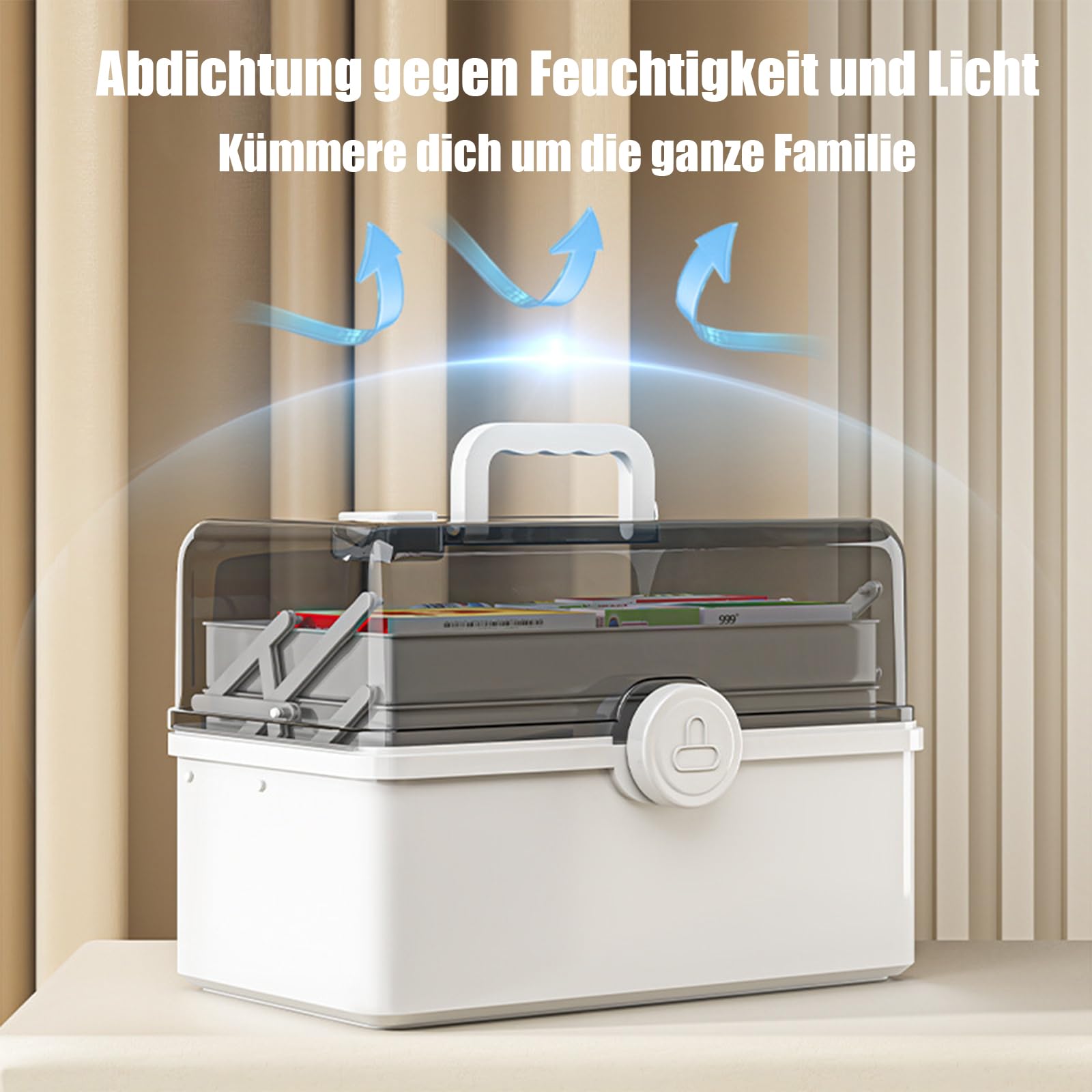 3-Regal Medikamenten Aufbewahrung 39 x 21.5 x 26.5 cm Mehrzweck Medikamentenbox mit Transparentem Deckel Bastelkoffer,Aufbewahrungskasten Medizin Box,tragbare Medizintruhe,große Kapazität medizinische