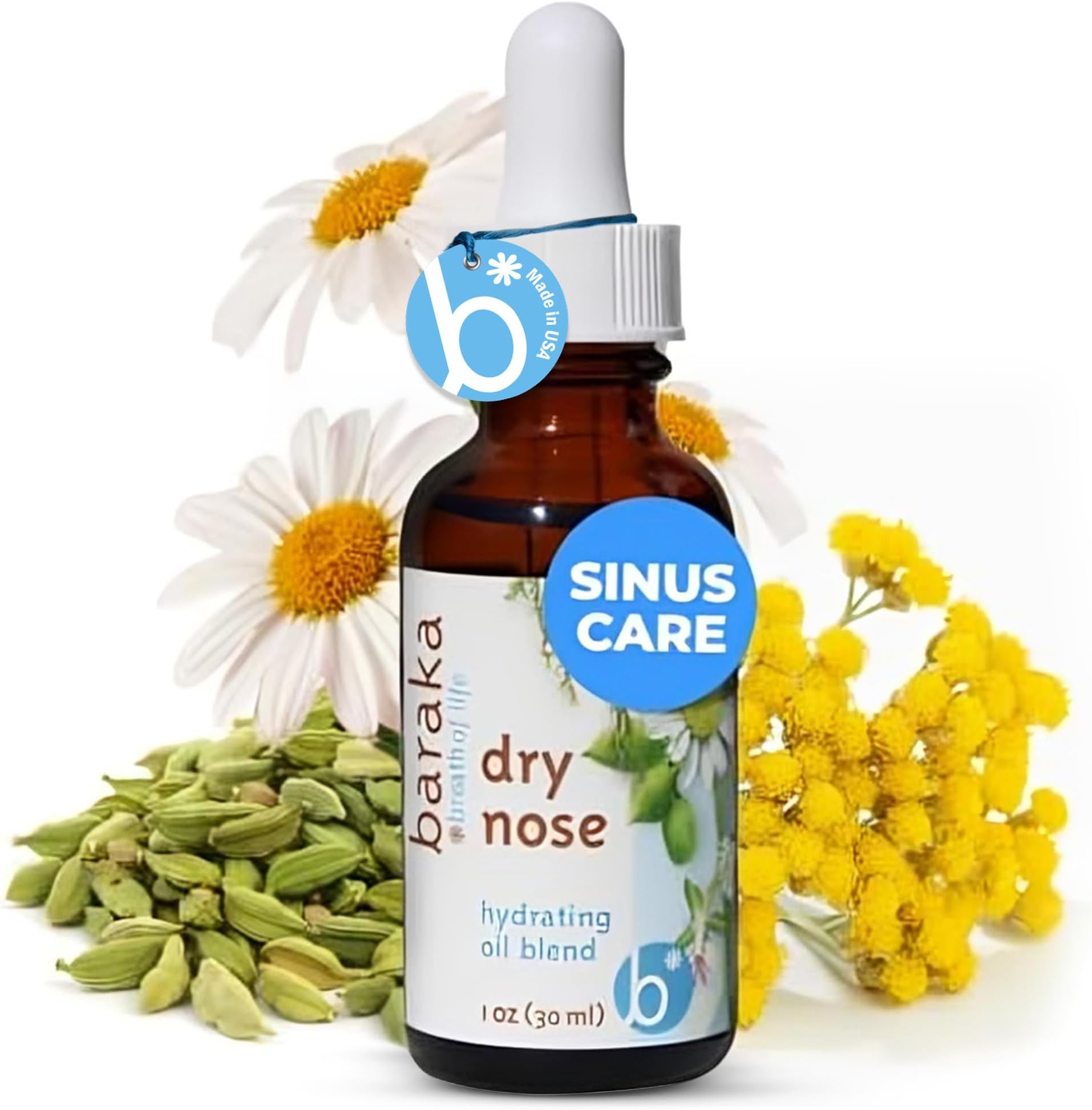Baraka Dry Nose Nasal Oil – Hydrating Nose Moisturizer for Dry Nasal Passages, Organic Essential Oils (Cardamom, Everlast, German & Roman Chamomile) in Sesame Oil Base, 1-Pack (1-oz Dropper Bottle)