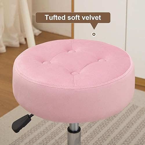 Miniatura 6 de Taburete giratorio otomano para maquillaje, taburete para tocador, altura ajustable, terciopelo rosa claro