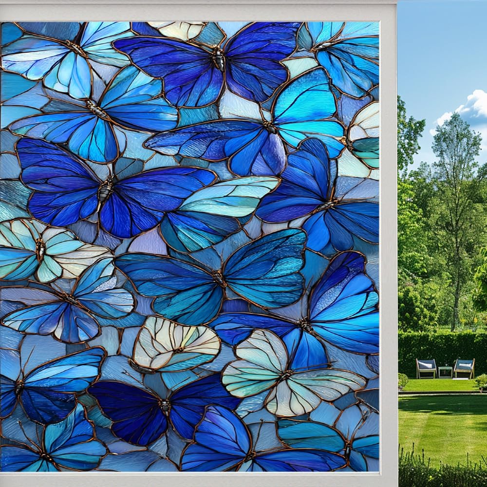 Dreamy Butterfly Privacy Window Film, Colorful Abstract Animals Frosted Self-Adhesive Vinyl Cling for Glass Doors Bathroom Windows Sun Blocking Heat Control, （80x140cm）