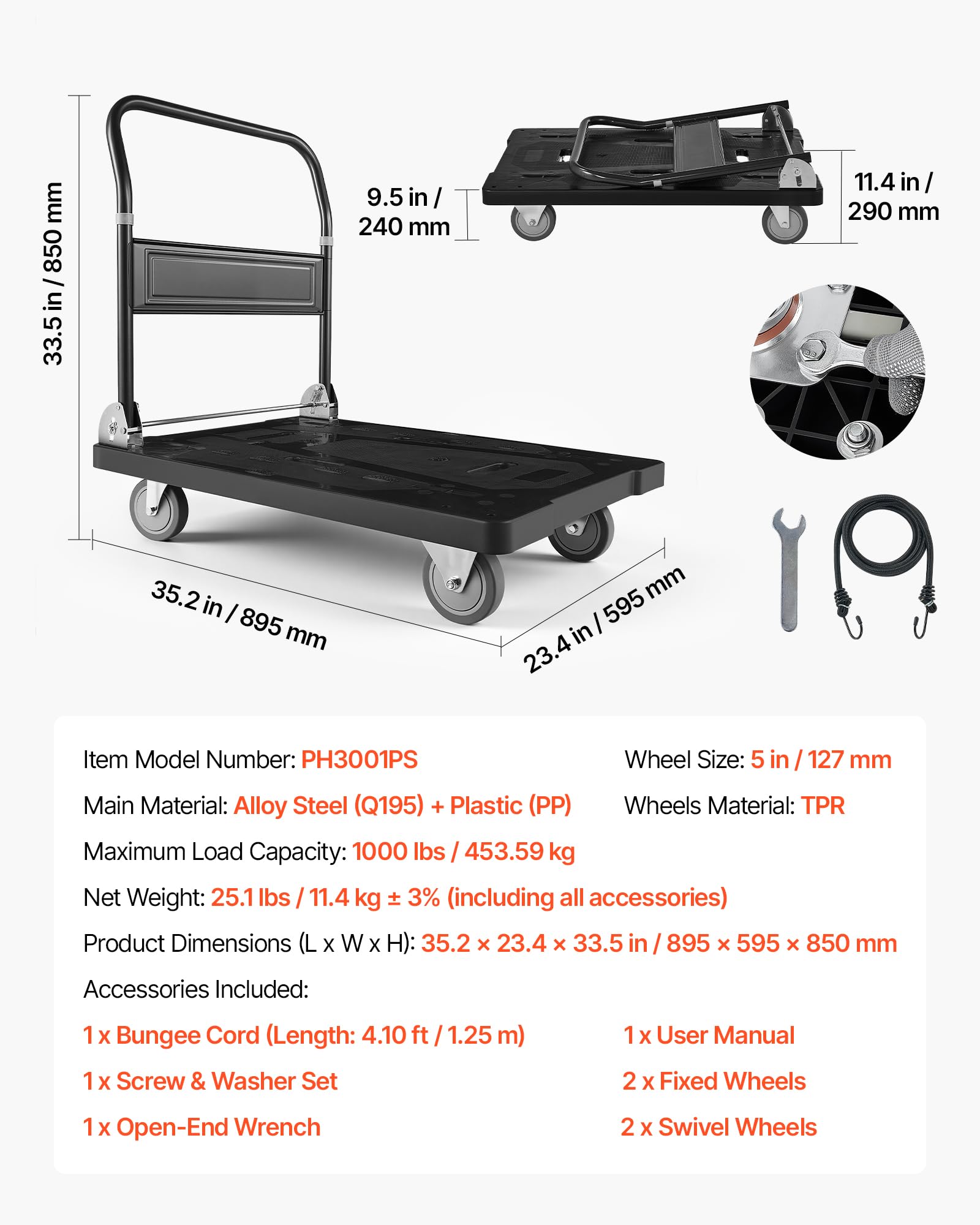 VEVOR Carrello Pieghevole da Trasporto Capacità Carico max. 453,59kg, Carrello con Piattaforma Pieghevole Salvaspazio Dimensioni Piegate 895x595x290 mm Maniglia di Spinta per Traslochi Pacchi Merci