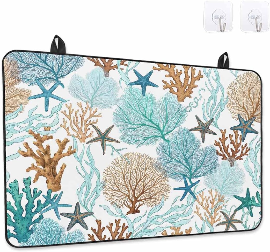 Stove Top Cover Teal Green Starfish Coral Stove Cover for Electric Stove Top Summer Beach Ocean Glass Cooktop Covers Anti-Slip Mat Heat Resistant Countertop Protector Kitchen Decor 28.5"x20.5"