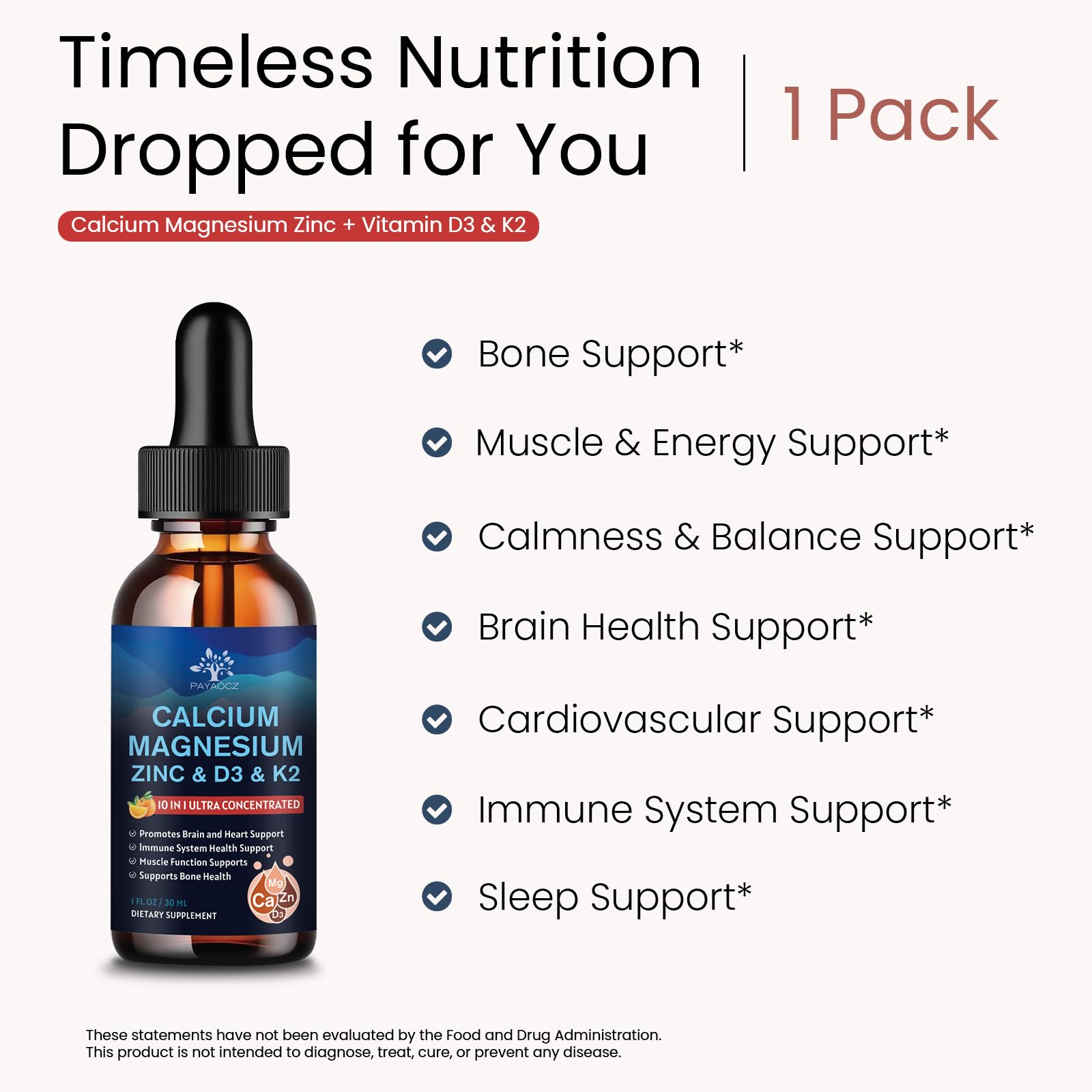(2 Pack) 10 in 1 Magnesium Calcium Zinc Supplement with Vitamin C D3 K2, Glycinate Mag Vegan Liquid Drops Plus L-Theanine Boron Sea Moss Extract, Bone & Immune Support, Orange Flavor, 1 Fl Oz — Amazon image 2