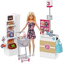 Barbie – Il Supermercato, playset con bambola bionda, carrello con ruote che girano e nastro trasportatore funzionante, scaffale con 20+ accessori, giocattolo per bambini, 3+ anni, FRP01