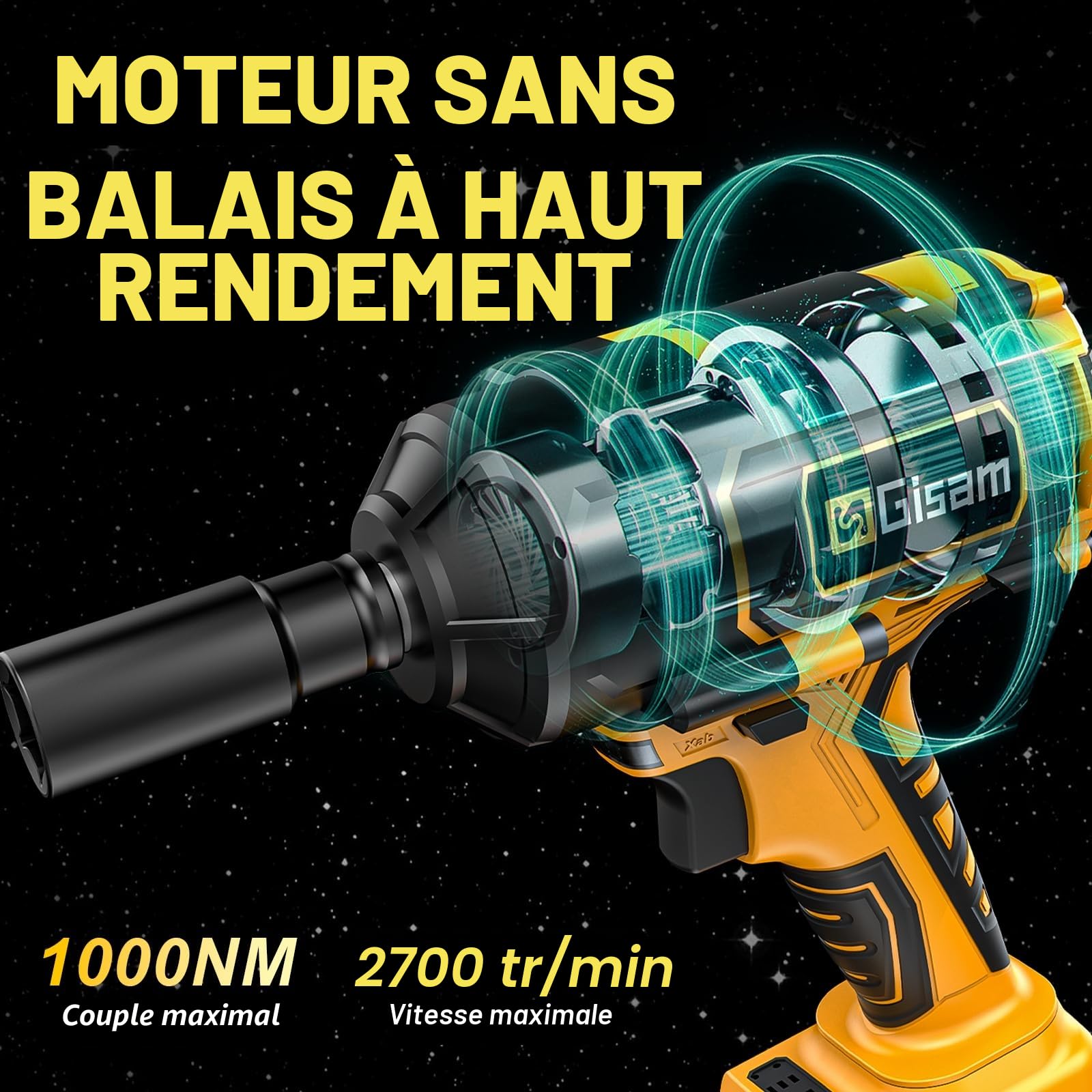 Gisam 1000 N.m Clé à Chocs Sans Fil Brushless, 1/2 pouce Boulonneuse a Choc Electrique avec 2x4.0Ah Batterie, Chargeur Rapide, Visseuse à Choc avec 5 Douilles pour la Voiture et la Maison