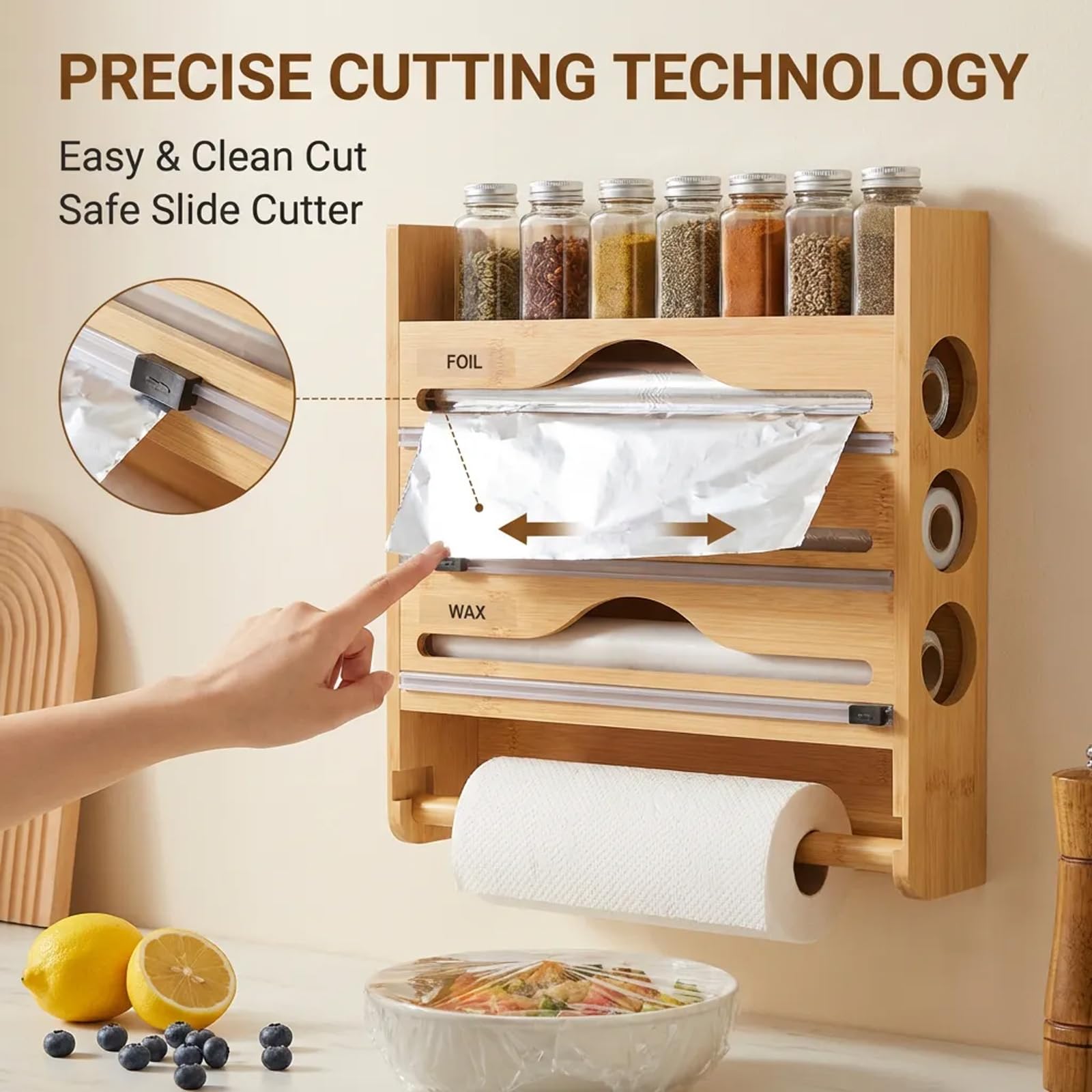 Dozownik folii z nożem, uchwyt na folię 4 w 1, do kuchni, bambusowej folii aluminiowej i folii spożywczej, organizer z nożem do cięcia, organizer kuchenny do przechowywania folii aluminiowej, folii