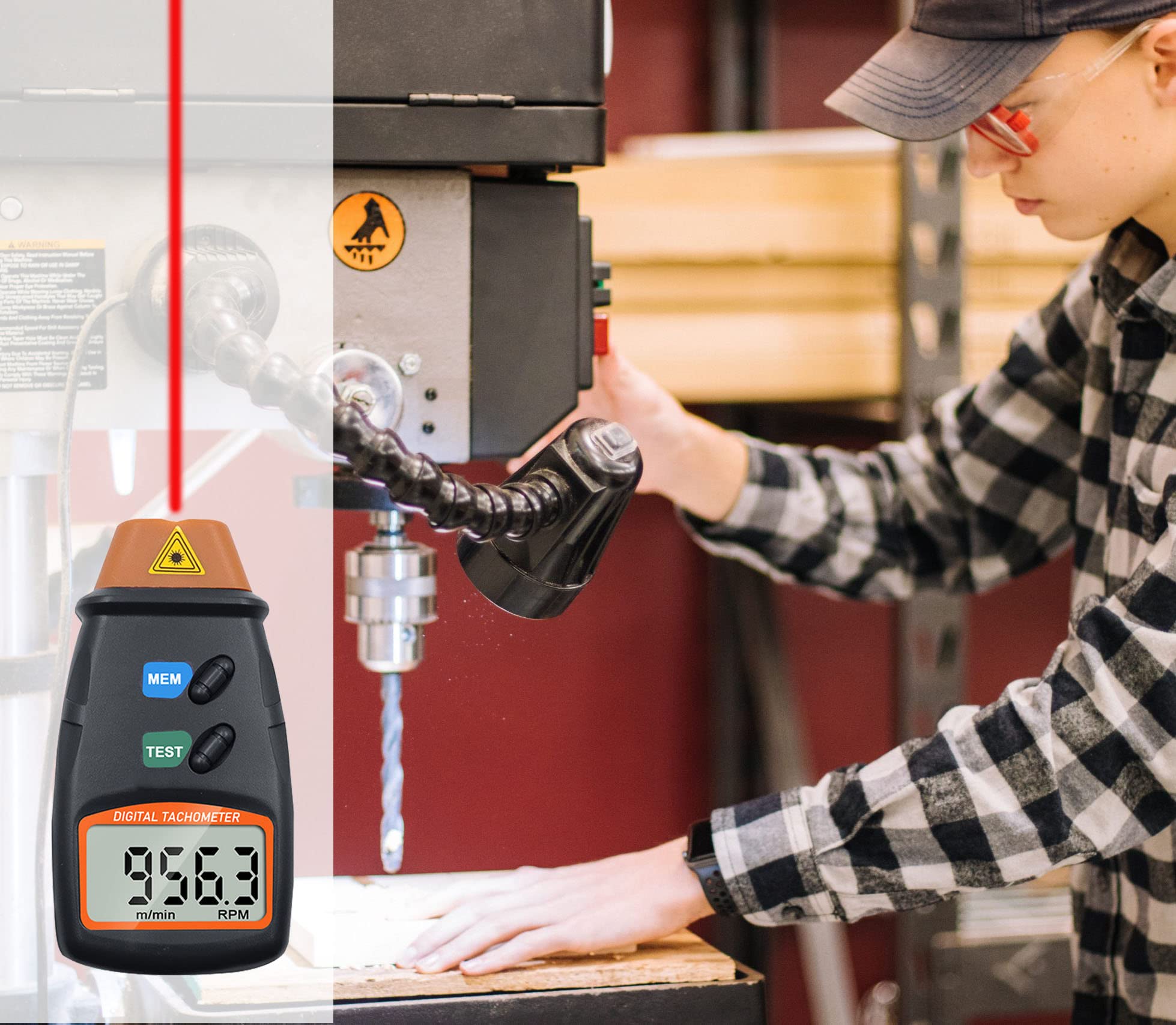 Mengshen Contagiri Digitale, Contagiri Laser Senza Contatto 2.5-99999 RPM Misuratore Di Velocità Di Rotazione Misuratore Di Velocità Con Nastro Riflettente (Batteria Da 9V Inclusa)