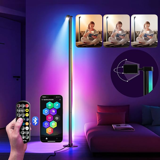 Fresum RGBIC Led-vloerlamp, 140 cm, afneembaar, zwart, vloerlamp, woonkamer, dimbaar, 16 miljoen kleuren, vloerlamp met app, doe-het-zelf-modus voor slaapkamer, 180 graden brede verlichting, vloerlamp, photo 1