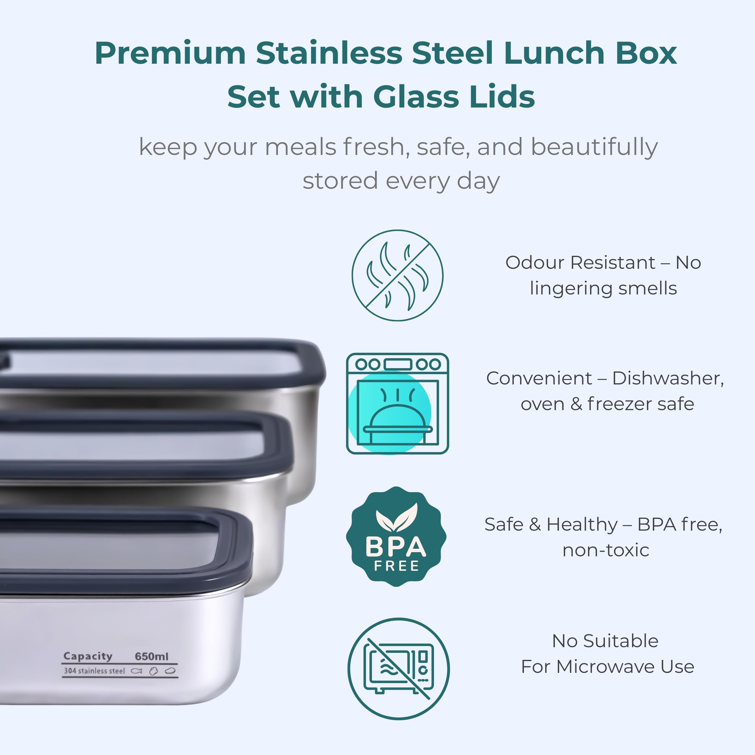Set di contenitori per il pranzo in acciaio inox con coperchi in vetro, 3 contenitori impilabili per alimenti Bento (650 ml/1300 ml/2300 ml), ermetici, a prova di perdite, senza BPA, adatti