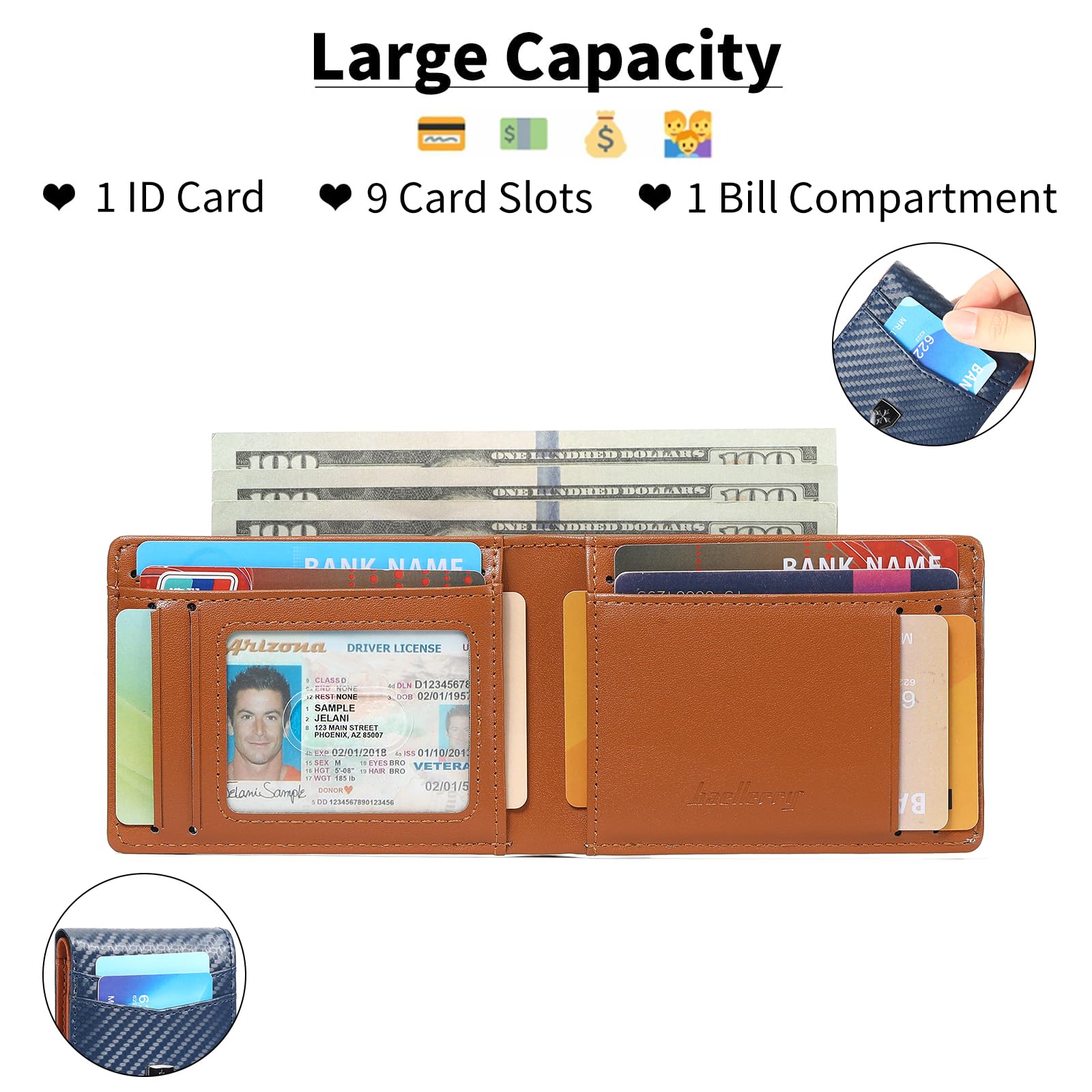 Billetera de cuero para hombre con tarjetero delgado y plegable con bloqueo RFID, bolsillos frontales, carteras minimalistas para hombres con ventana de identificación, Azul lago, Moderno 2