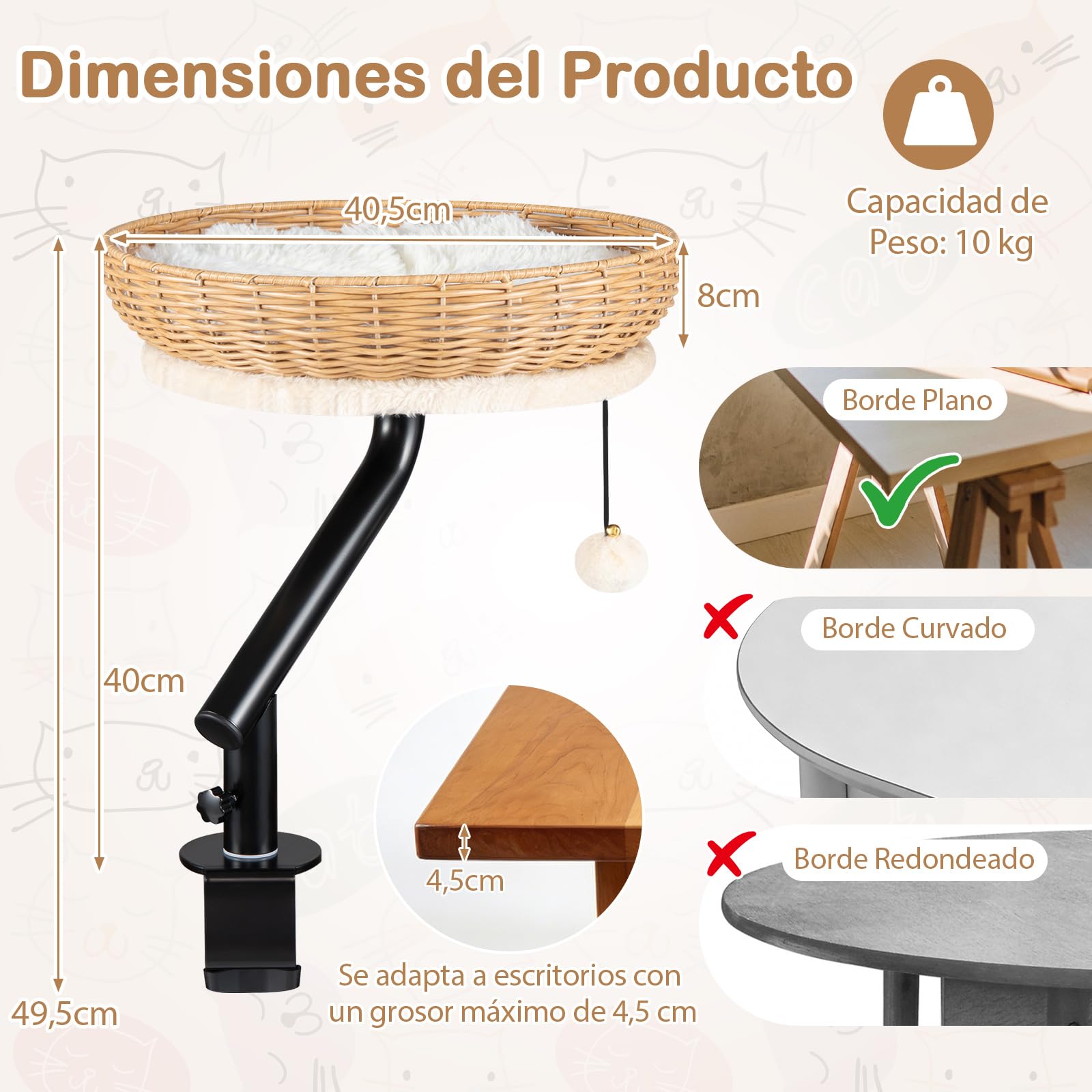 COSTWAY Cama Gato para Escritorio, Hamaca para Gatos Giratoria de 360° de Ratán con Cojín Extraíble y Bola Colgante, Cama para Gatos, Nido Suave para Mascotas para Oficina, Hogar, sin Taladrar