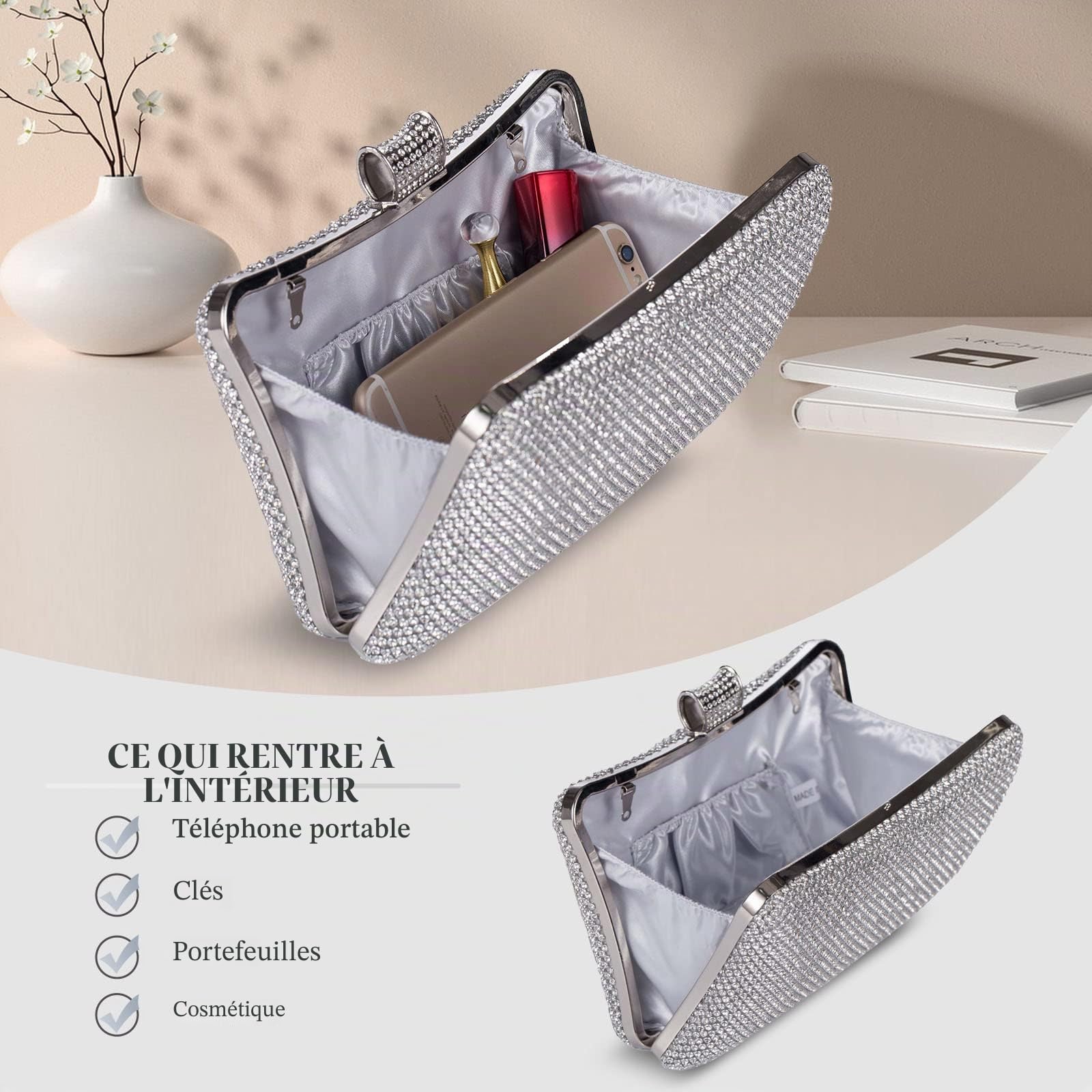 BAIGIO Pochettes et Clutches Femme en Strass, Sac Bandoulière avec Chaîne, Elegante Pochette Sac a Main Femme Ceremonie Mariage Cocktail