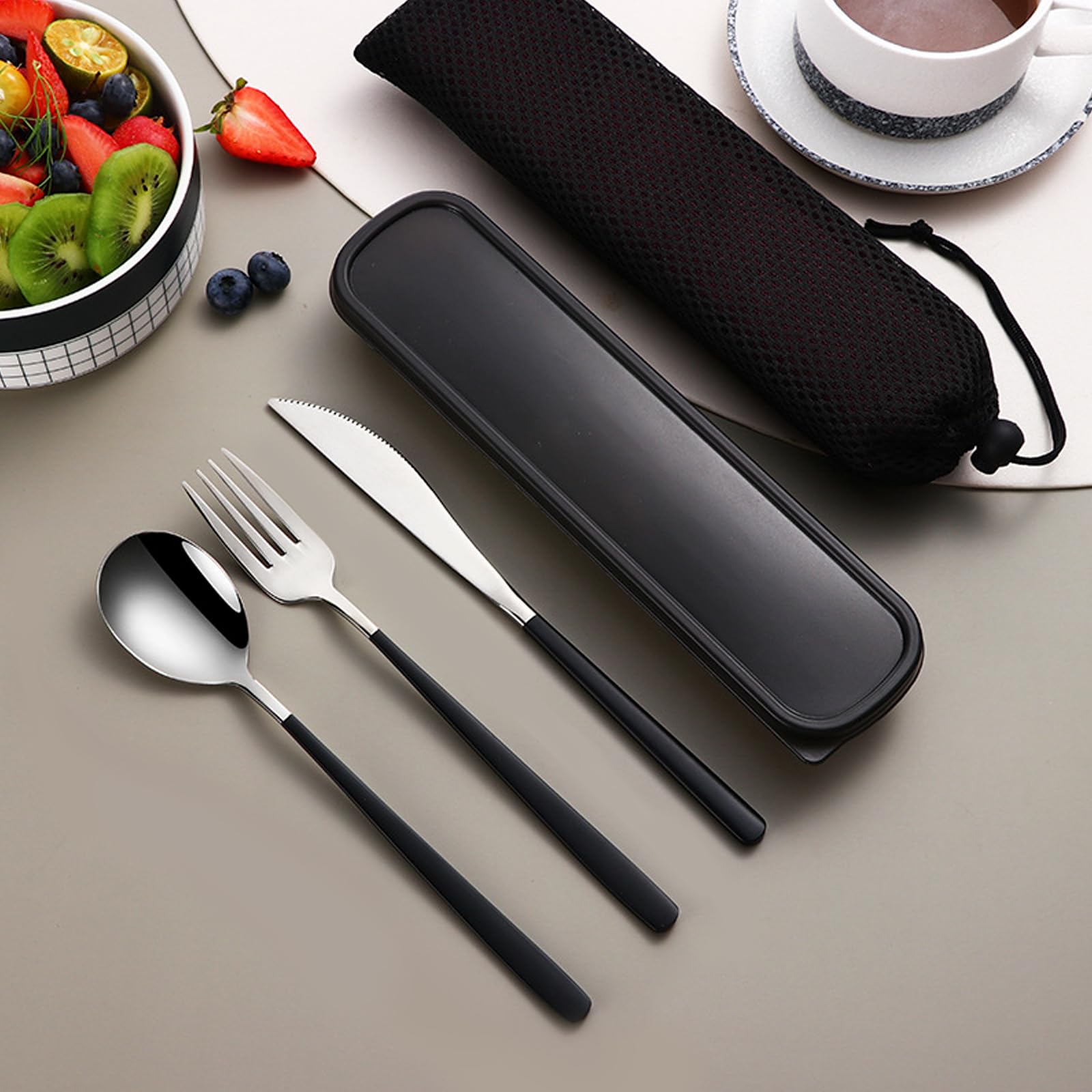 VANRA Set di 4 Utensili da Viaggio Portatili con Custodia 18/10 Set di Posate Riutilizzabili in Acciaio Inox con Forchetta Cucchiaio Coltello Bacchette per Pranzo, Campeggio, Lavoro(nero argento VANRA Set di 4 Utensili da Viaggio Portatili con Custodia 18/10 Set di Posate Riutilizzabili in Acciaio Inox con Forchetta Cucchiaio Coltello Bacchette per Pranzo, Campeggio, Lavoro(nero argento