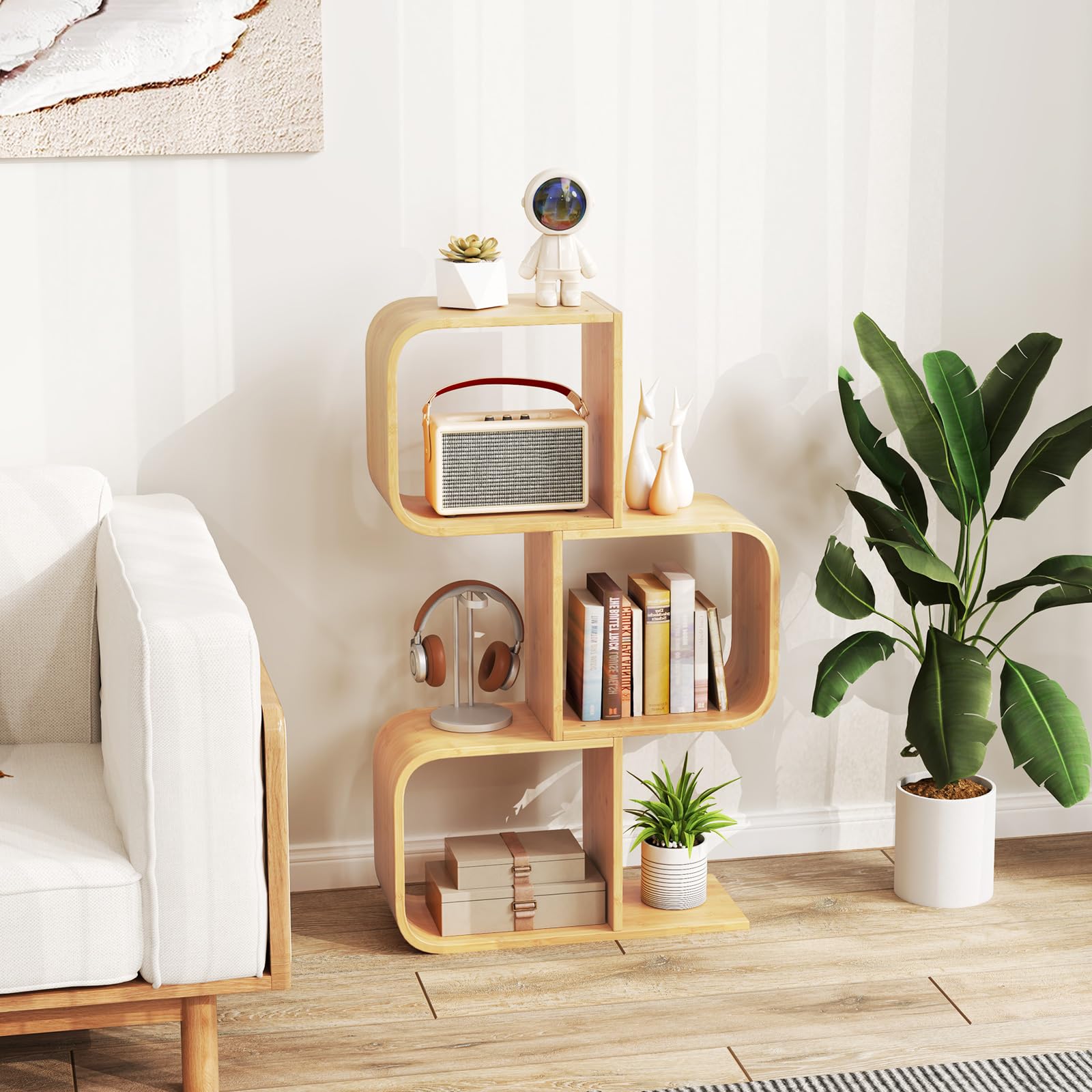 COSTWAY Estantería en Forma de S, Estantería de Almacenamiento de 3 Niveles con 3 Cubos Abiertos, Estantería de Bambú para Esquina Decorativo para Sala de Estar, Estudio, Oficina, Natural (3 Niveles)