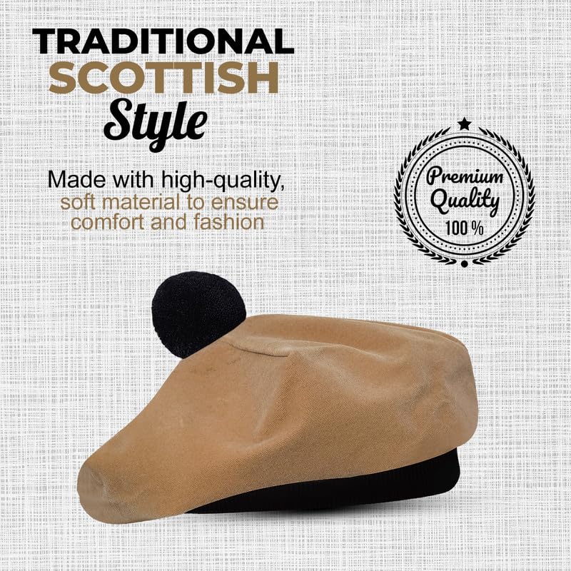 Image of Scottish Tam O' Shanter Hat Tartan Bonnet Pom Pom Wool Flat Cap One Size