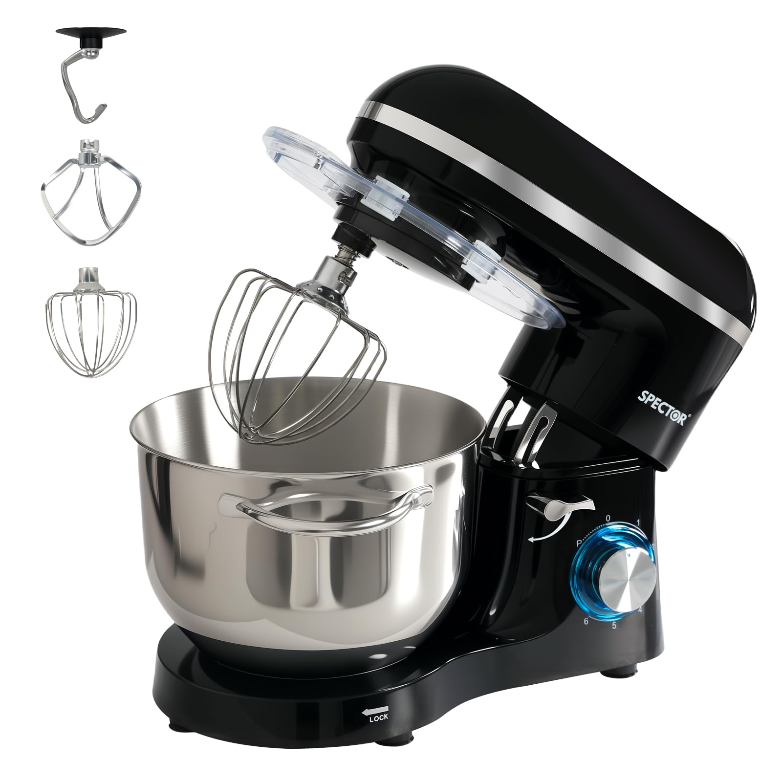 Spector Stand Mixer 6.2L, 1400W Food Mixer with 6-Speed & Pulse - Pure Copper Motor, All-Metal Gear System, Tilt-Head Kitchen Mixer (Black)