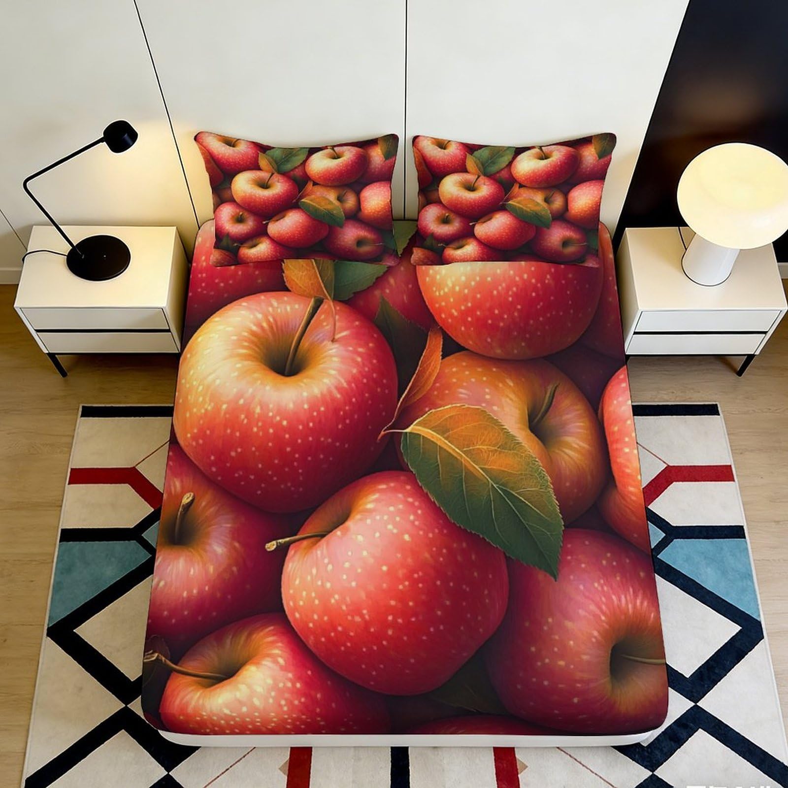 3D Printed Red Apple Fitted Sheet Microfiber Soft Fruit Pattern Bed Cover for Bedroom Guest Room Dorm Mattress Protection 90x200x25cm