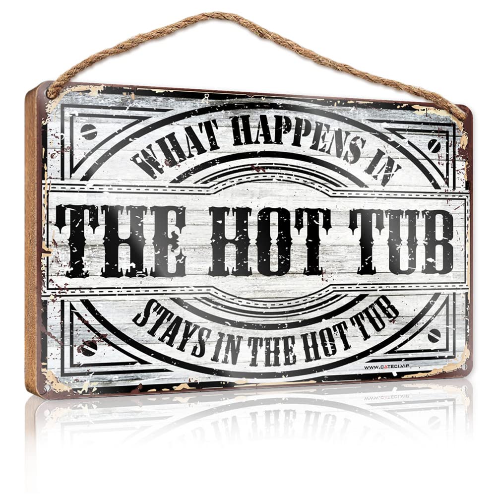 FZFN Funny Room Decor What Happens In The Hot Tub Stays In The Hot Tub Wooden Sign Porch Decorations Outdoor Home Decor Farmhouse(15X28CM)