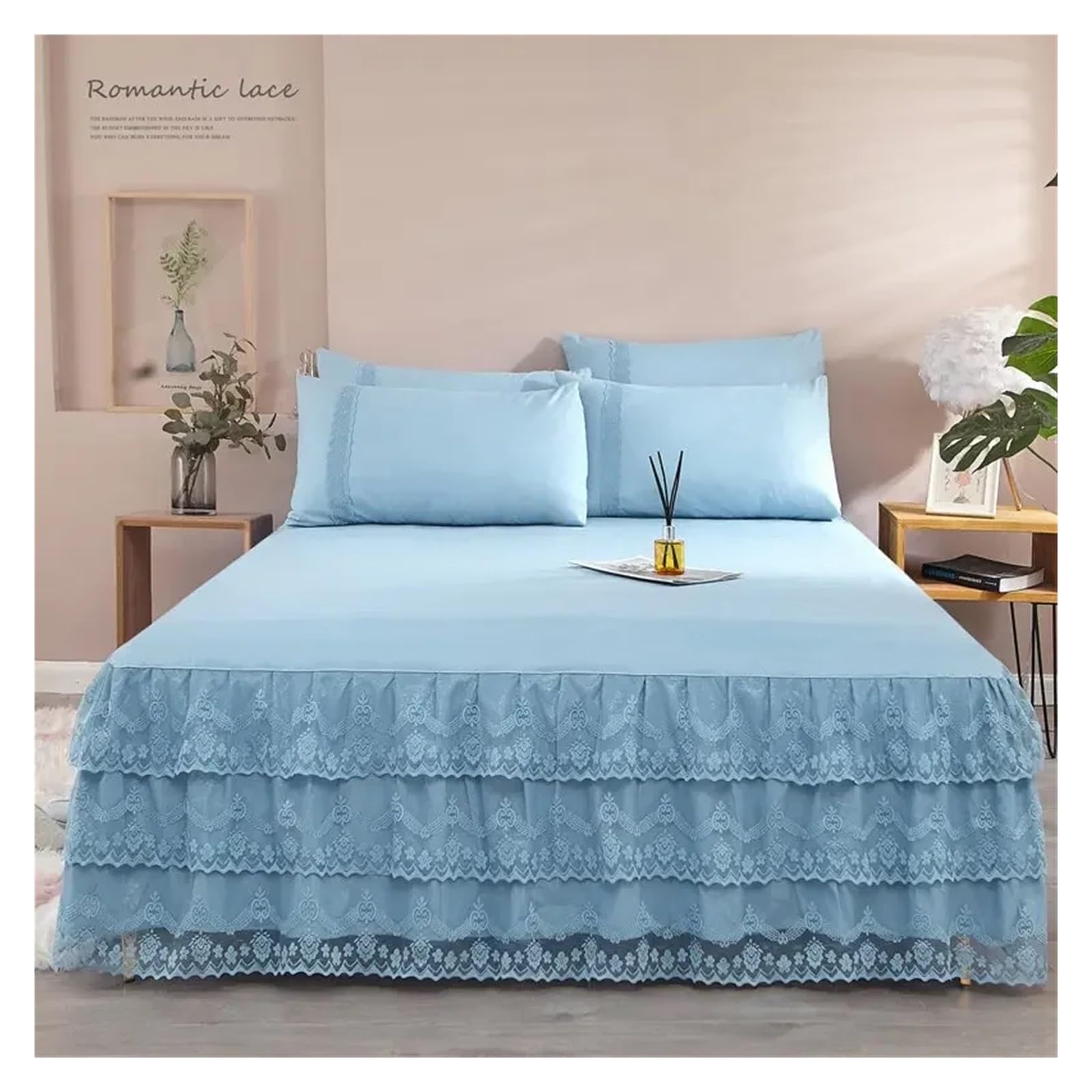 Lace Bed Skirt Solid Color Bedspread Sheet Microfiber 3PCS Bed Sheet Set 1pc Elastic Wrap Around Bedskirt With 2pcs Pillowcases(5,180x200cm 3pcs)