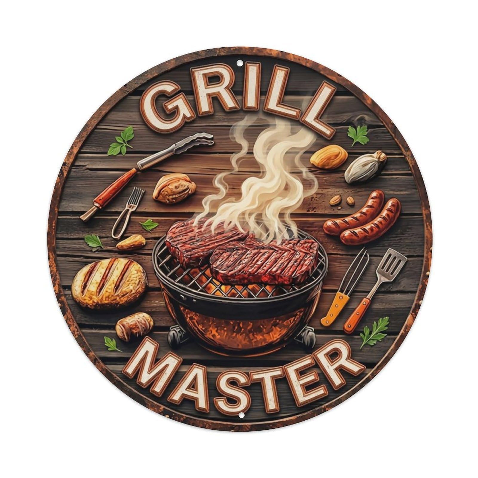 BBQ Barbecue Grill Master Vintage Metal Tin Sign Plaque Wall Decor for Cafe, Club, Garden Round Metal Poster 8x8Inch