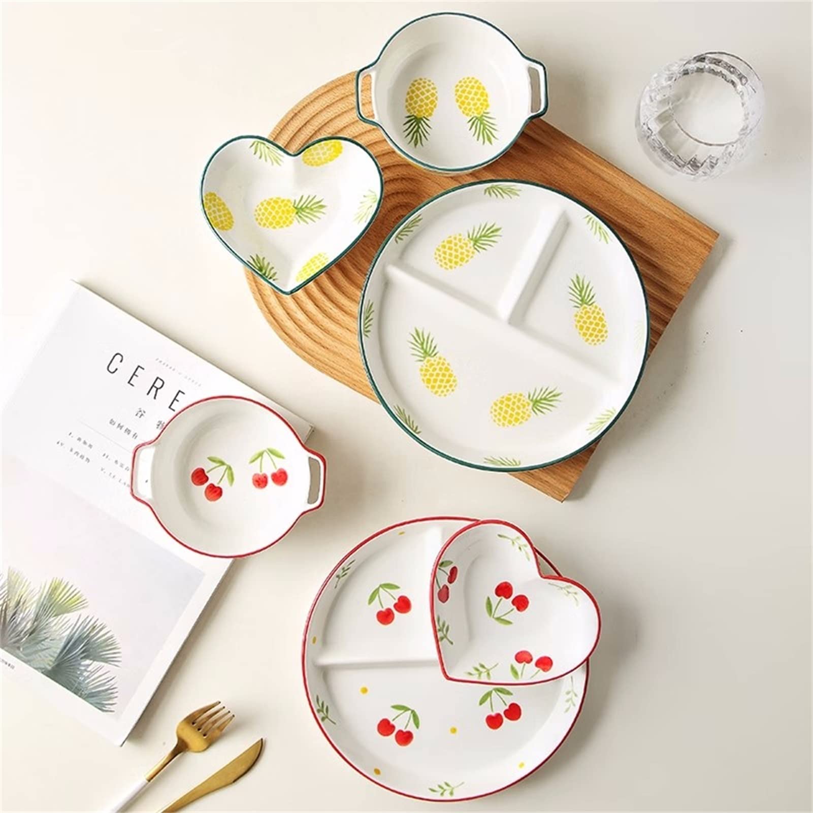 Juego de 3 cubiertos bariátricos para control de porciones, plato dividido y cuencos de sopa para control de peso, elegante color blanco con patrón de frutas, perfecto para una alimentación saludable