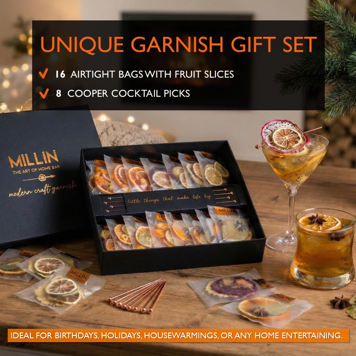 Cocktail Garnish, PREMIUM GIFT SET, with COCKTAIL PICKS I 100% Natural Dehydrated fruits I Home Bar, Barware, Hosting Men Women Corporate Holiday Bar Gift -Medium (70 slices + 8 picks)