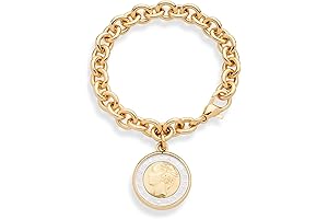 18k Gold Over Bronze Italian Genuine 500-Lira Coin Charm Rolo Link Chain Bracelet for Women
