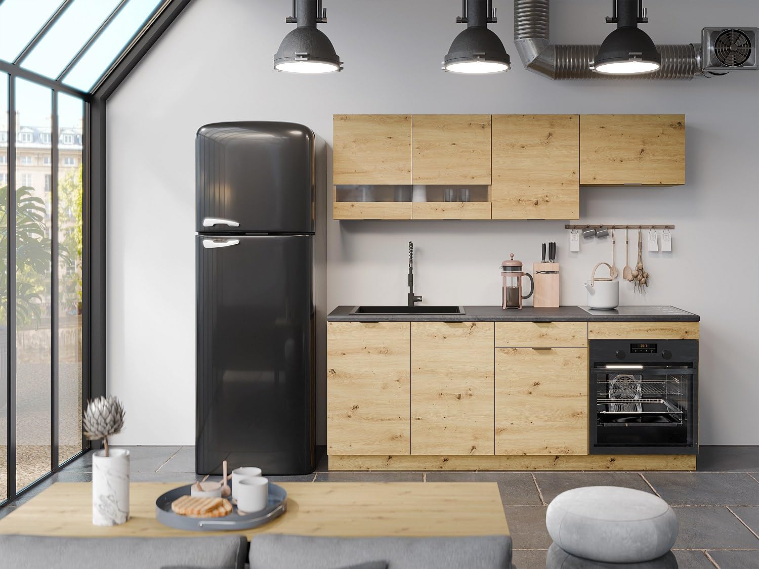 Vente-unique - Cuisine compléte - avec Plan de Travail 200 cm - Naturel et Anthracite - CARMEO