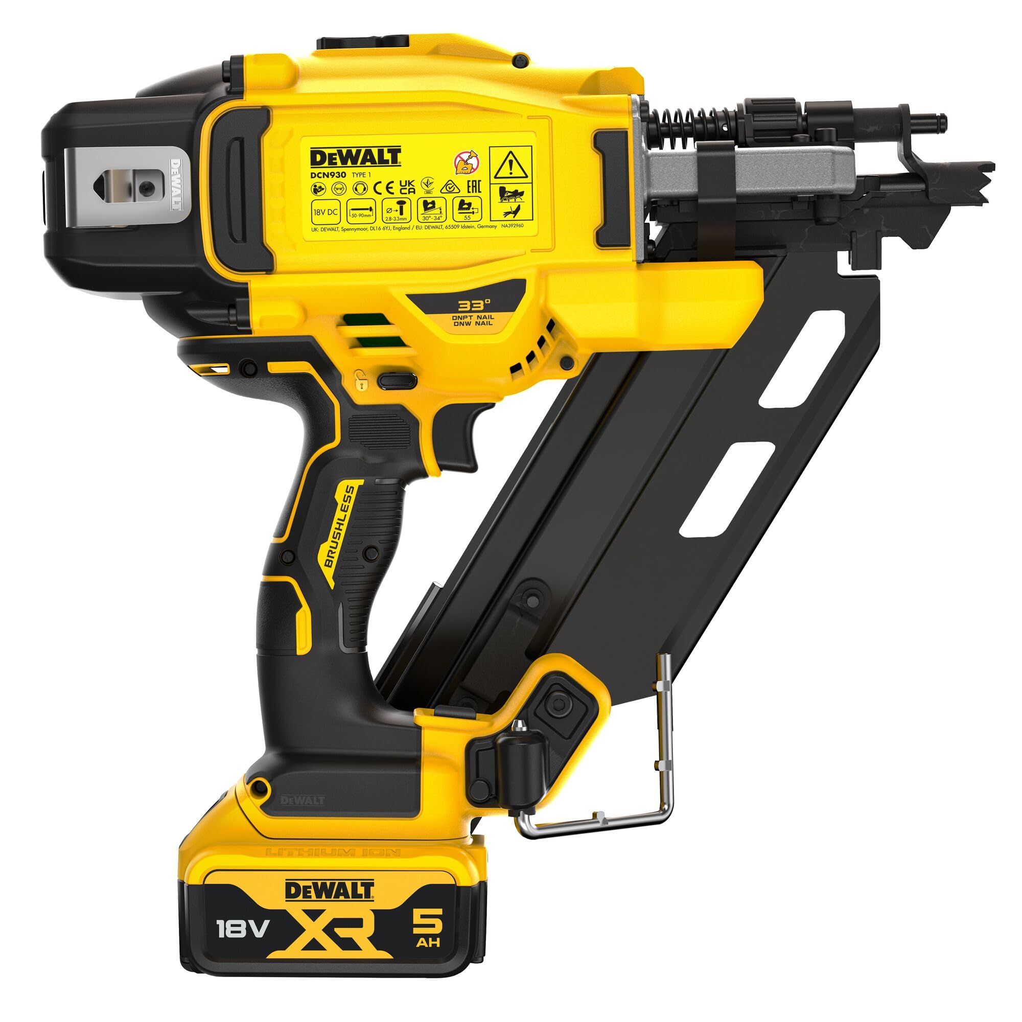 DEWALT - Cloueur à Charpente XR 18 V Brushless Nouvelle Génération, Inclue 2X Batteries 18V 5Ah, 1 Chargeur, DCN930P2-QW