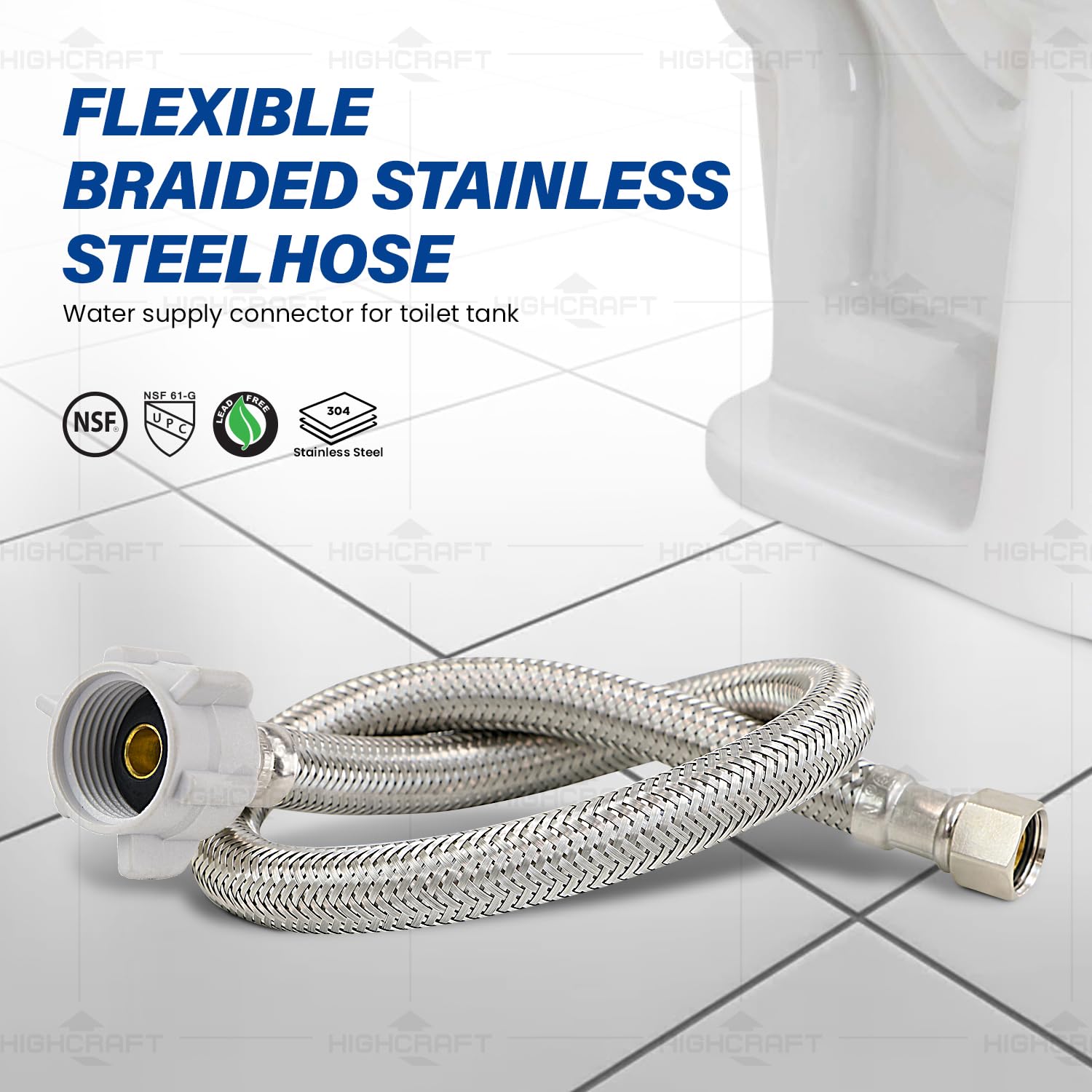 Highcraft 27412-NL-2 Conector de inodoro, manguera trenzada de acero inoxidable se conecta a la línea de suministro 3/8 compresión x 7/8 tuerca hembra Ballcock de 12 pulgadas