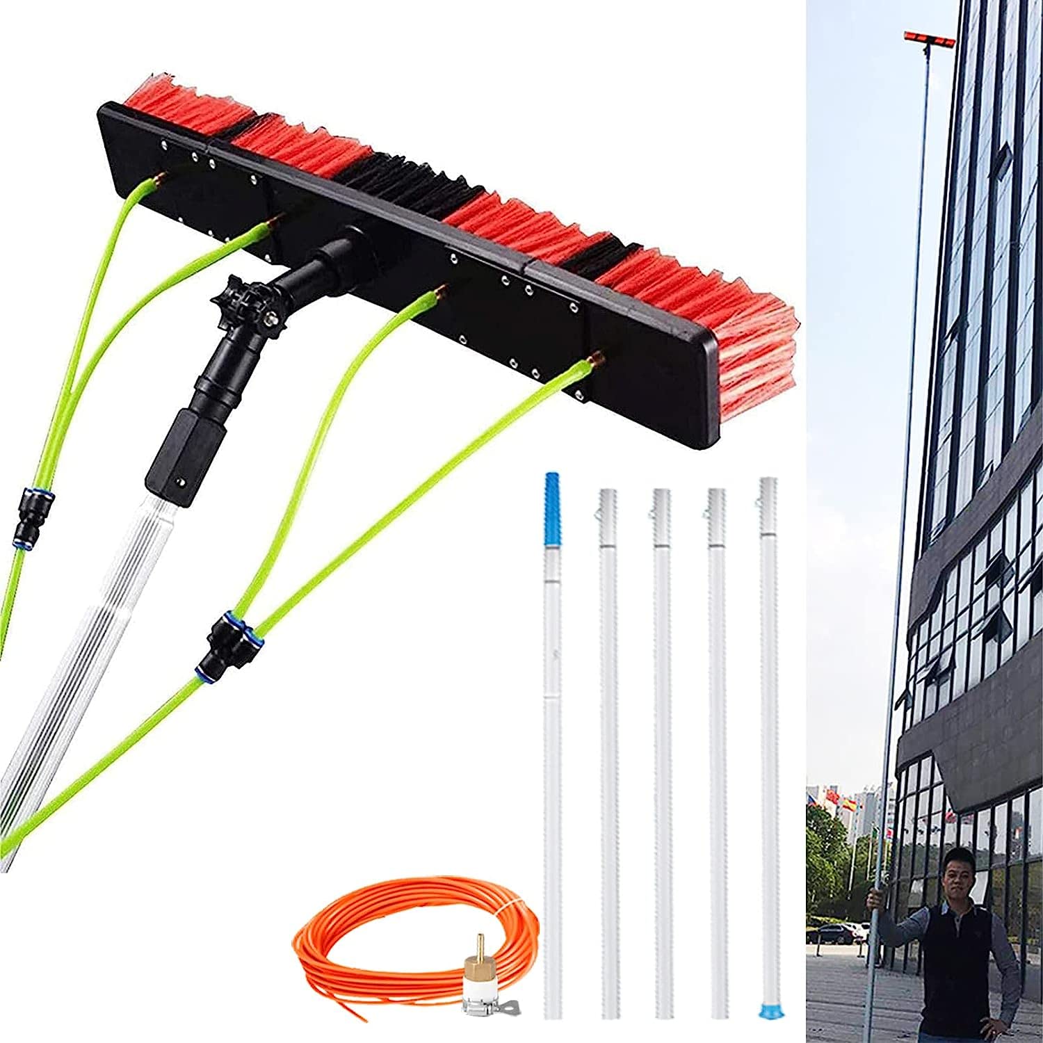 Aioneer 32 Foot Window Cleaning Pole, Water/Hose Fed Pole, Window Cleaning Brush Equipment Water Fed, Cleaning Photovoltaic And Solar Panels 10M Rod 50Cm Brush Head-9m Rod-50cm Brush