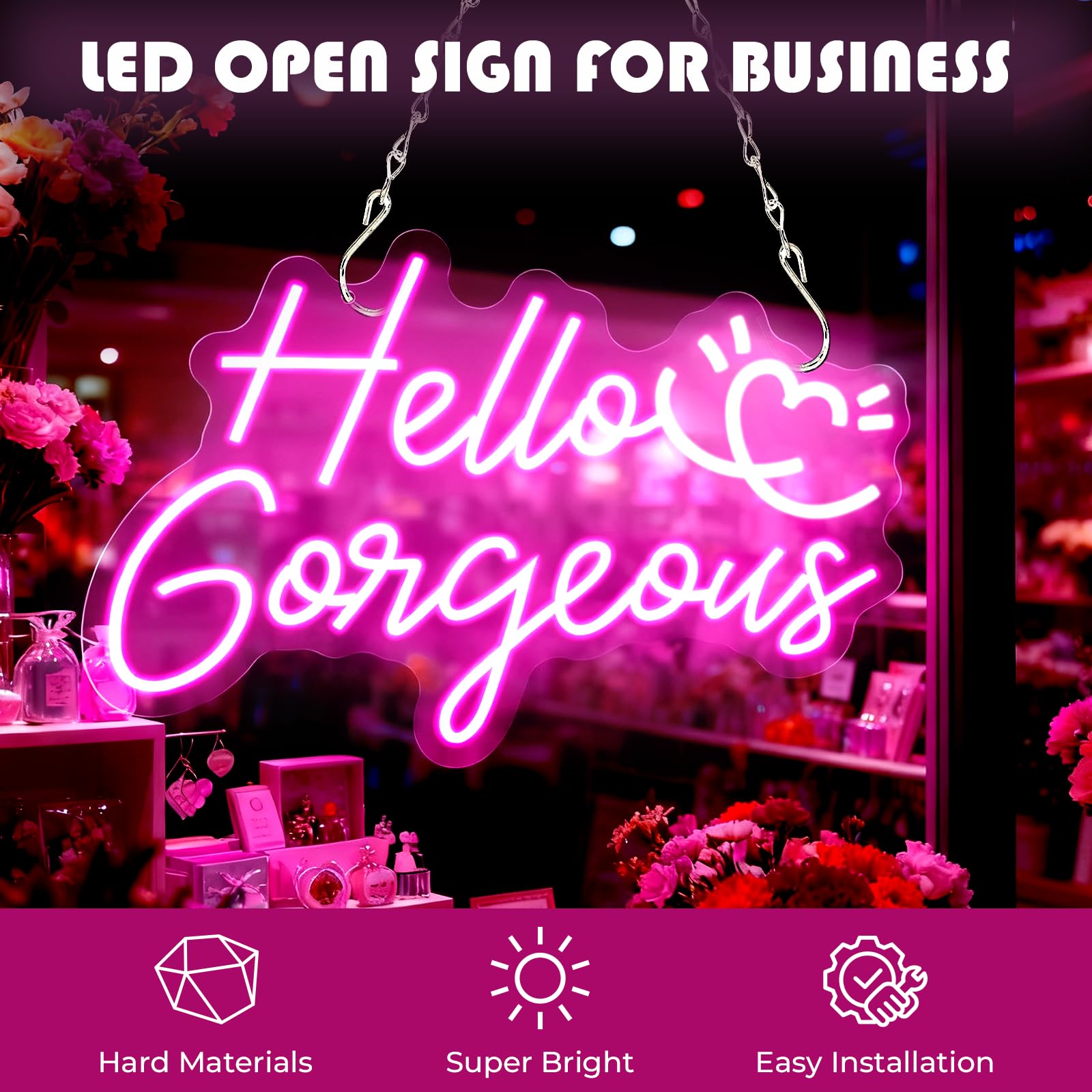 Hello Gorgeous Neonschild, 40,6 x 27,7 cm, LED-Schild, Neonschilder für Wanddekoration mit dimmbarem Schalter, Stromversorgung über USB, rosa Neonlichter für Teenager, Mädchen, Schlafzimmer