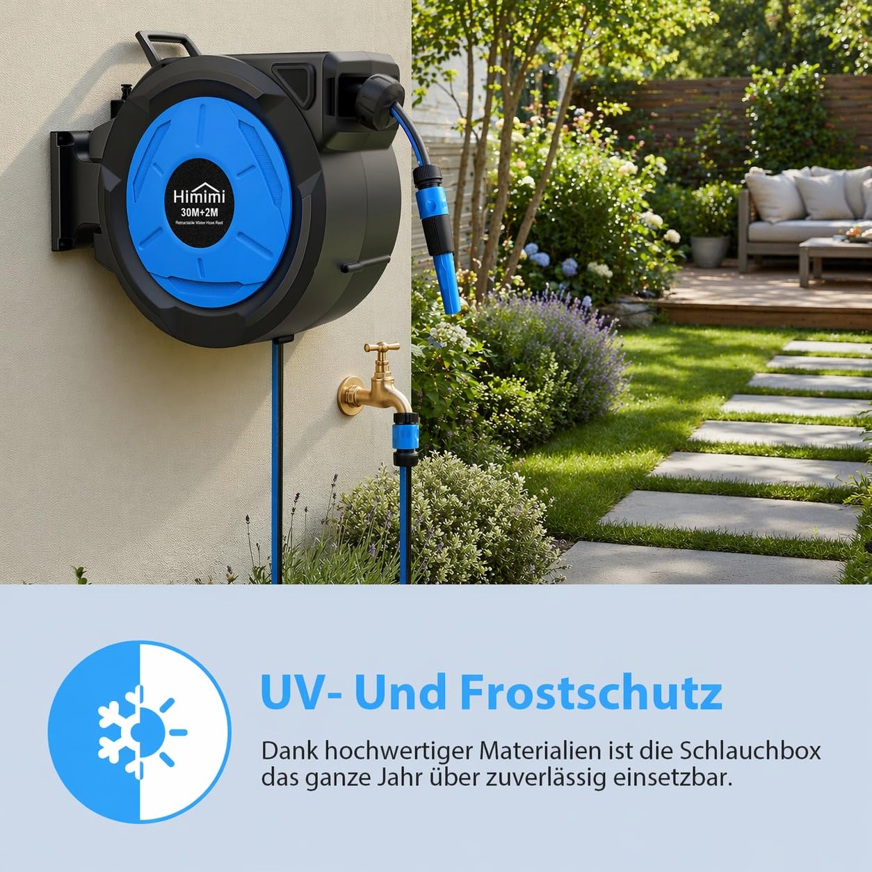 Himimi Ausziehbare Wand-Schlauchtrommel 30 m + 2 m 1/2 Zoll, automatischer Gartenschlauch mit langsamem Rückzug, stufenloser Arretierung, 180° Wandhalterung, UV- & frostbeständig für Garten & Terrasse