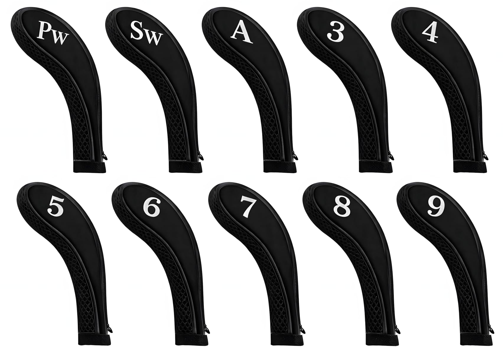 AKORD Golf Iron Headcovers Set – 10pcs Black Neoprene Club Covers with Printed Numbers, Protective Head Covers for Standard Irons