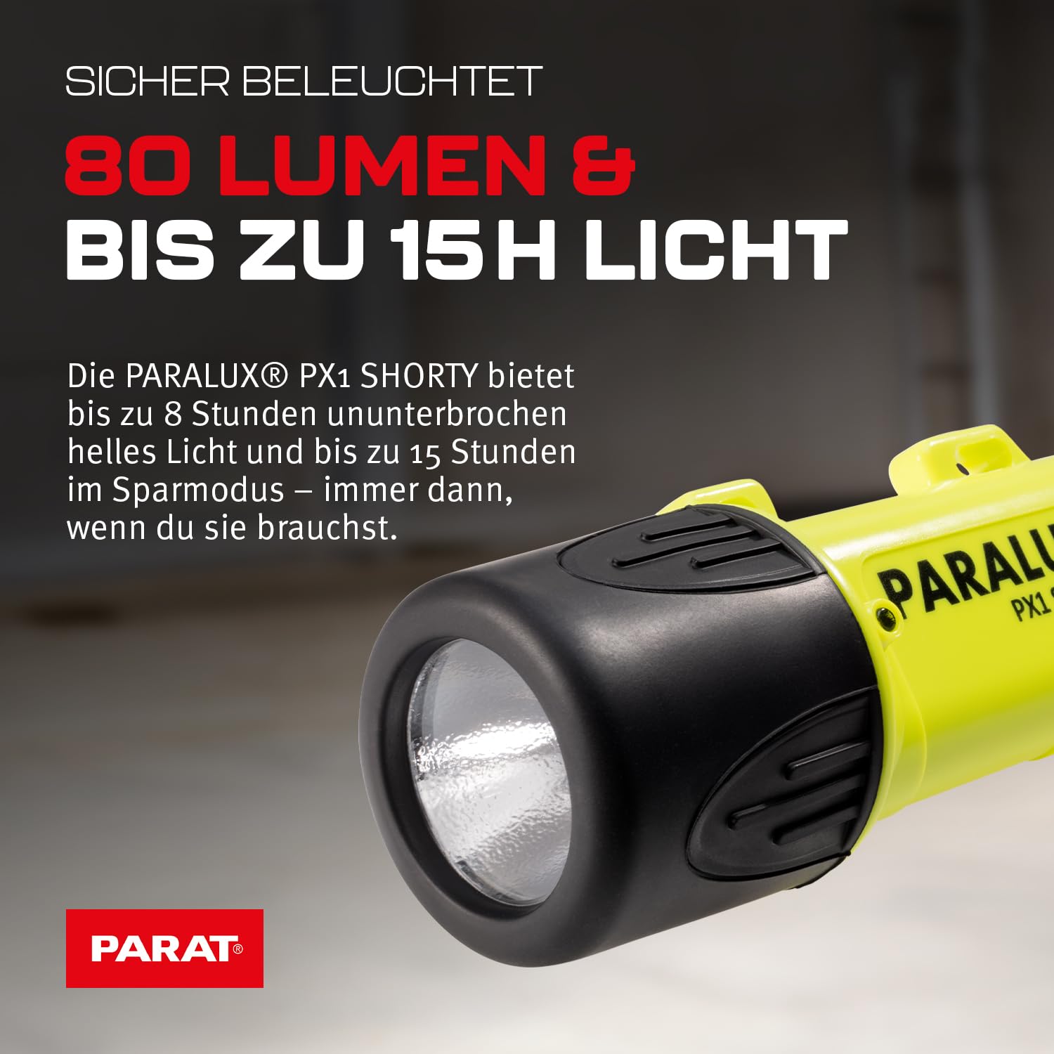 Parat Sicherheitsleuchte (MAX. Leuchtweite 120m, Taschenlampe, bis 8h bei Volllast) Luz de Seguridad PARALUX PX1 Shorty (máx. Alcance de 120 m, Linterna LED, hasta 8 h con Carga Completa, Amarillo
