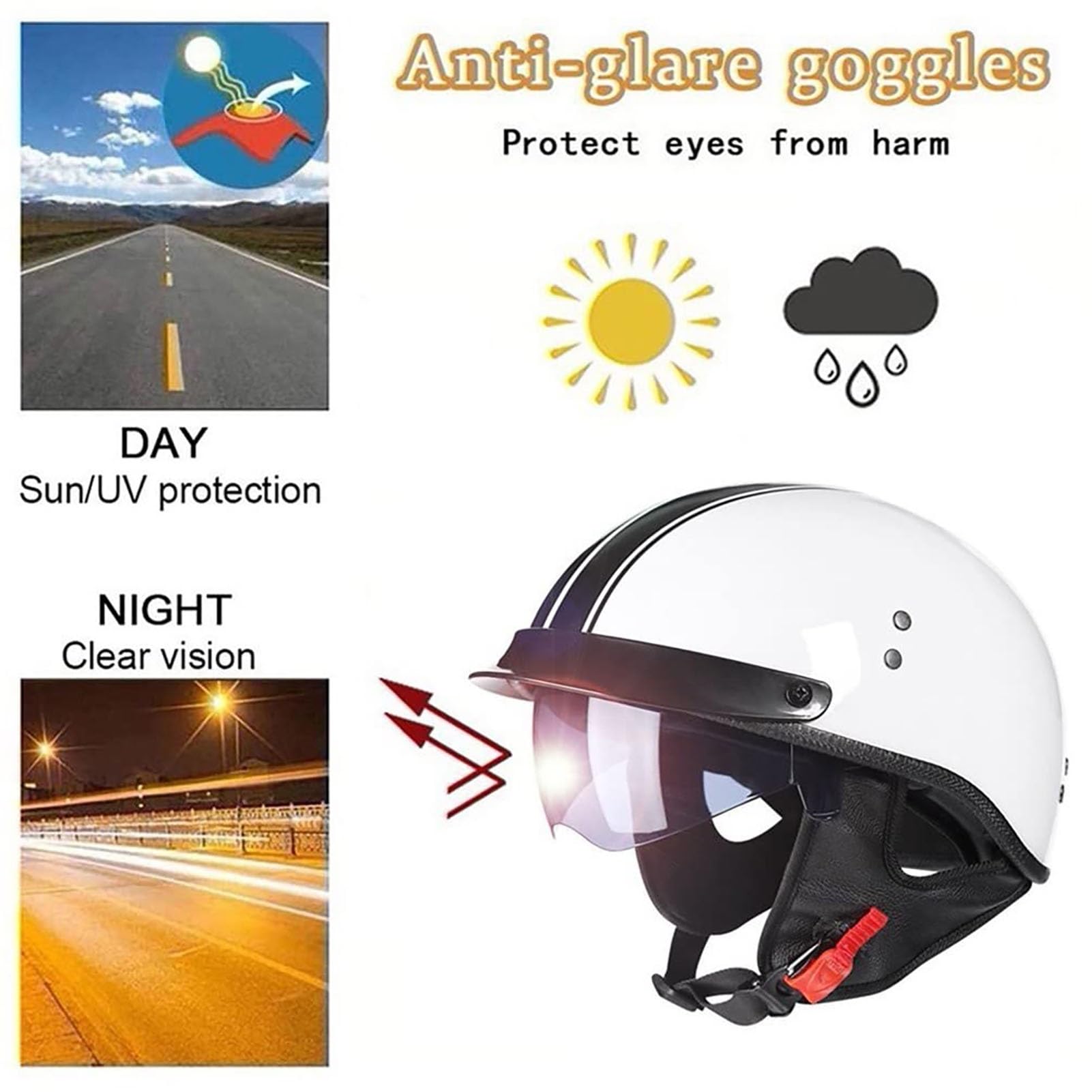 EBAYIN Casque Bol Homologué Casque Moto Vintage Casque Jet Retro Homme Femme Casque De Scooter Casque De Cyclomoteur Visière Intégrée Homologué ECE(E,L=(59~60cm))